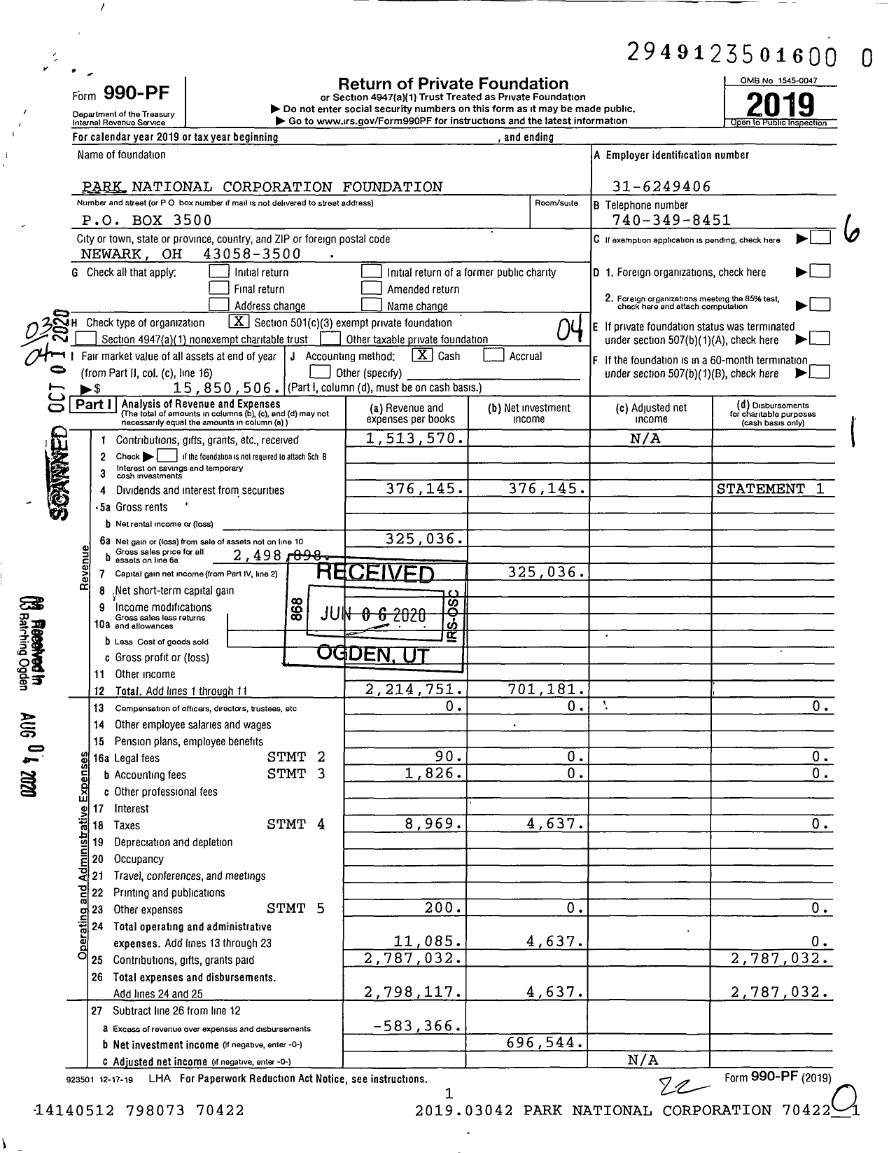 Image of first page of 2019 Form 990PR for Park National Corporation Foundation