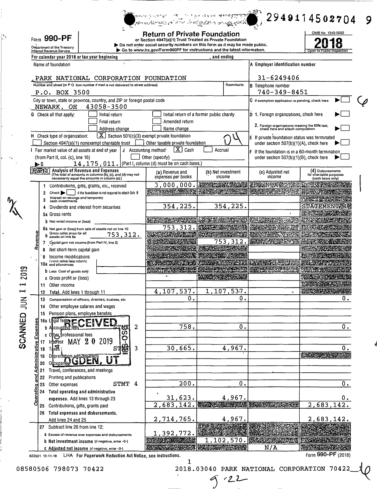 Image of first page of 2018 Form 990PF for Park National Corporation Foundation