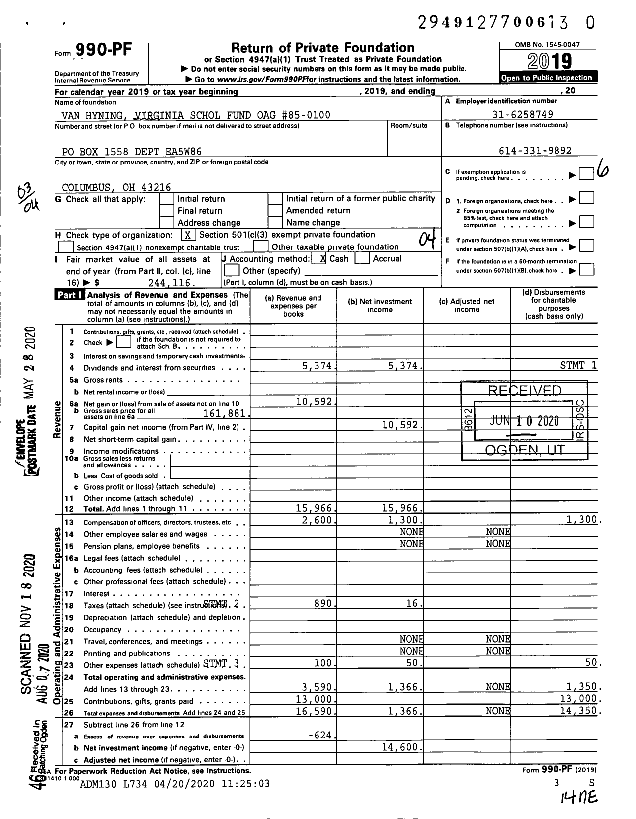 Image of first page of 2019 Form 990PF for Van Hyning Virginia Schol Fund Oag #85-0100