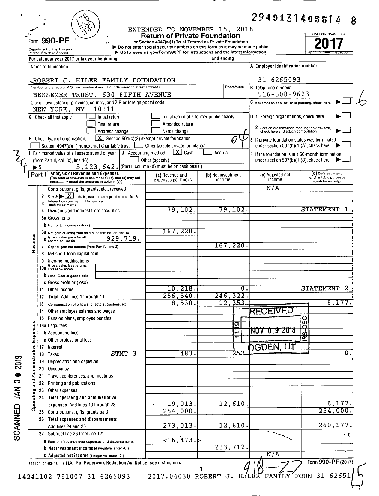 Image of first page of 2017 Form 990PF for Robert J Hiler Family Foundation