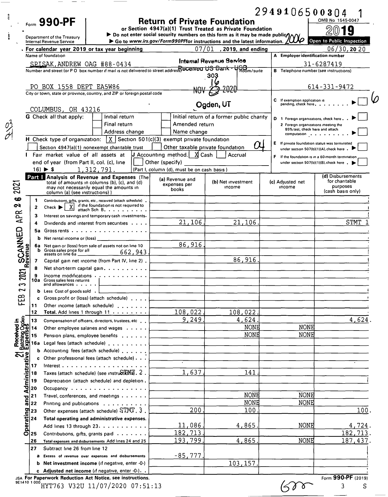 Image of first page of 2019 Form 990PF for Spisakandrew