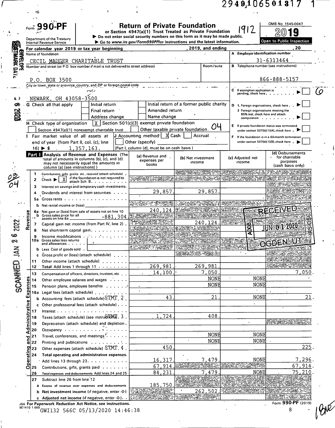 Image of first page of 2019 Form 990PF for Cecil Mauger Charitable Trust