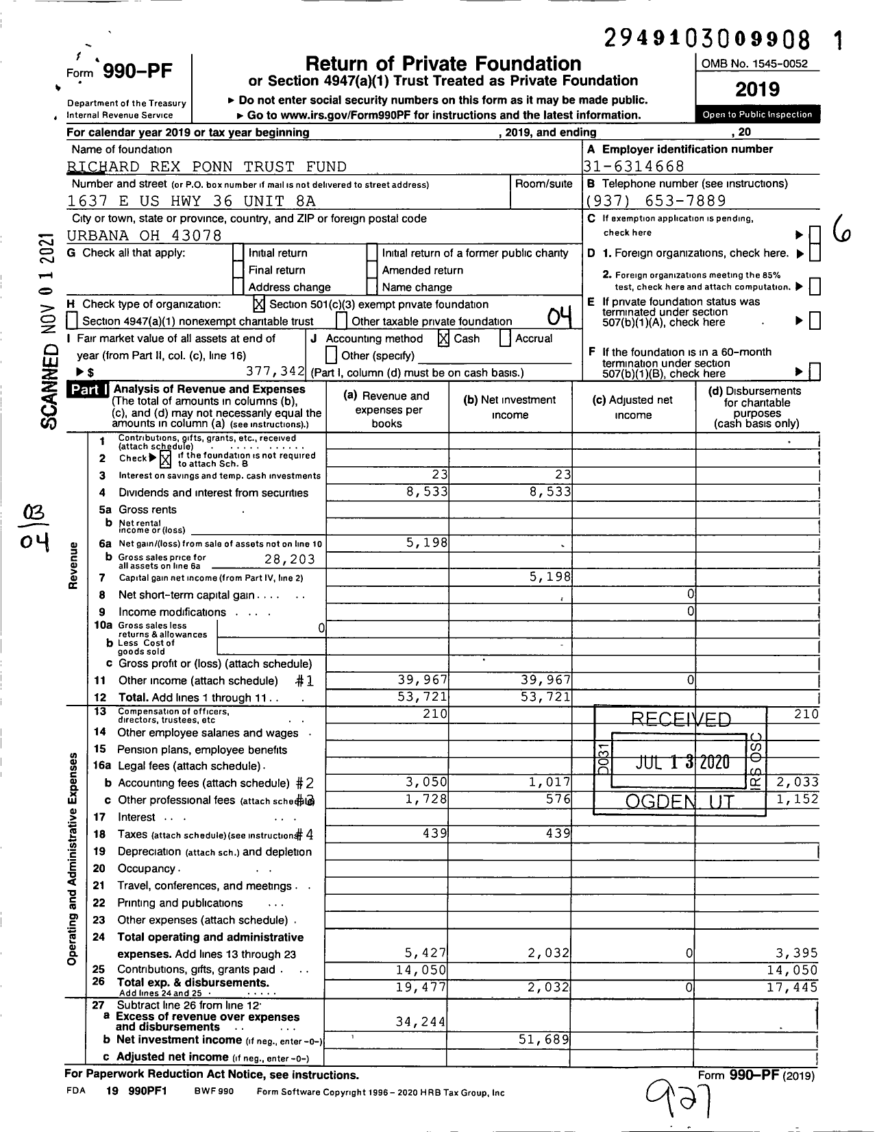 Image of first page of 2019 Form 990PF for Richard Rex Ponn Trust Fund