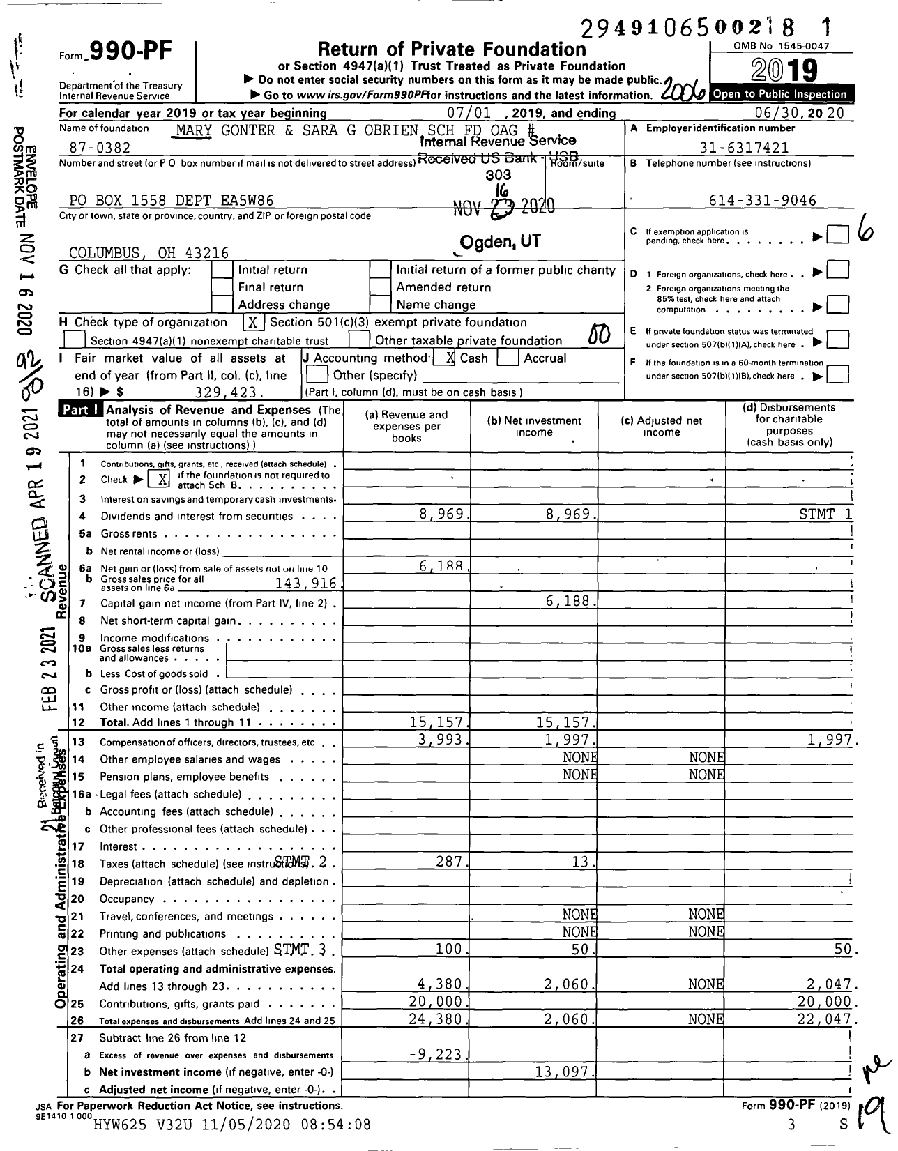 Image of first page of 2019 Form 990PF for Mary Gonter and Sara G Obrien SCH Fund