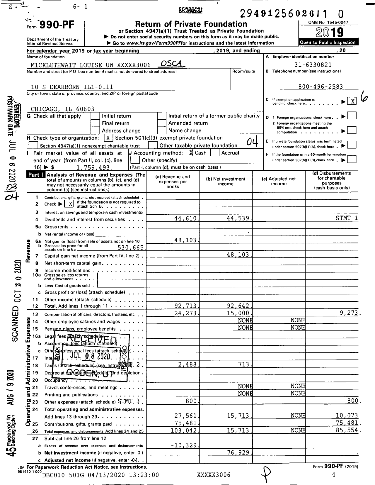 Image of first page of 2019 Form 990PR for Micklethwait Louise Uw XXXXX3006