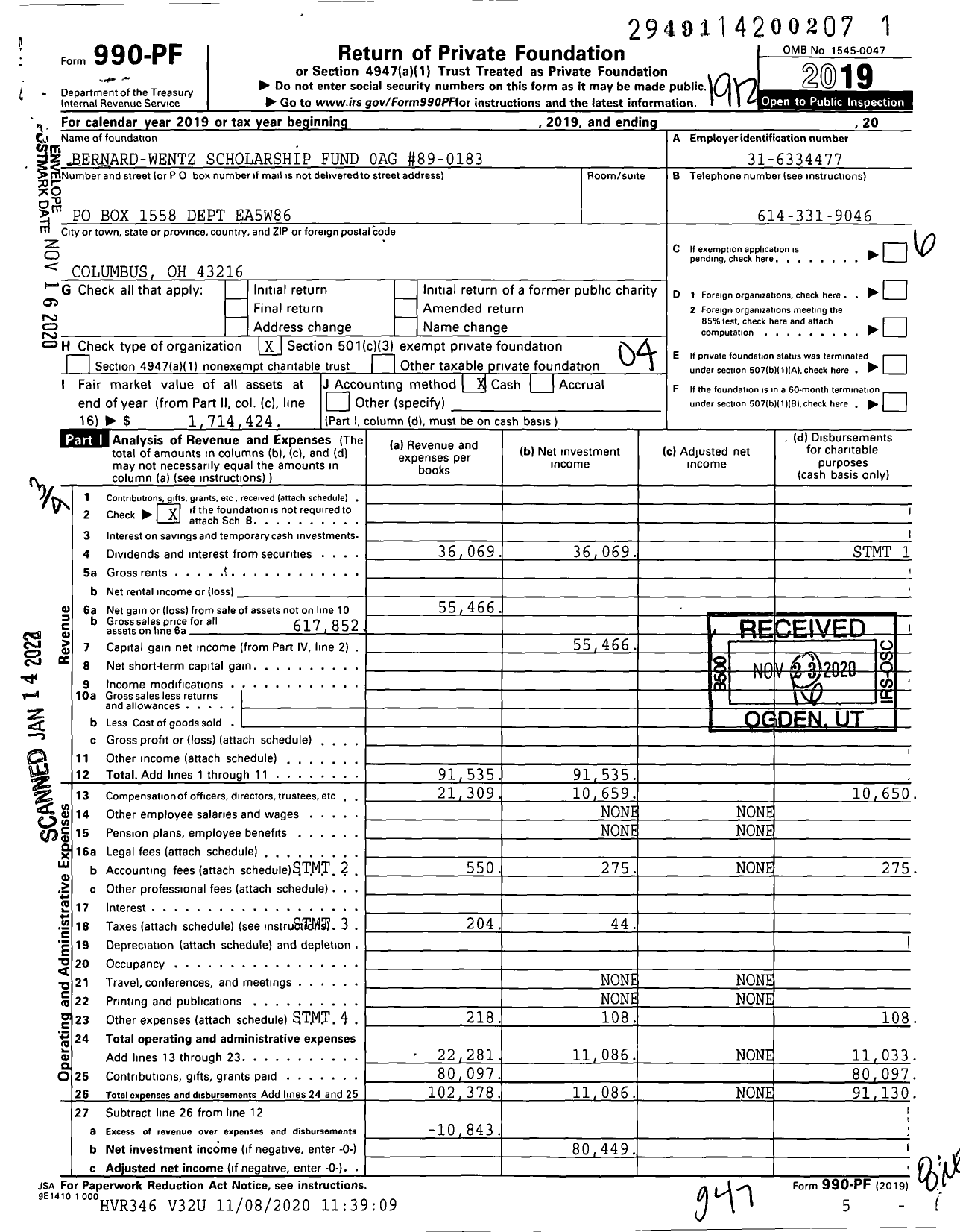 Image of first page of 2019 Form 990PF for Bernard-Wentz Scholarship Fund