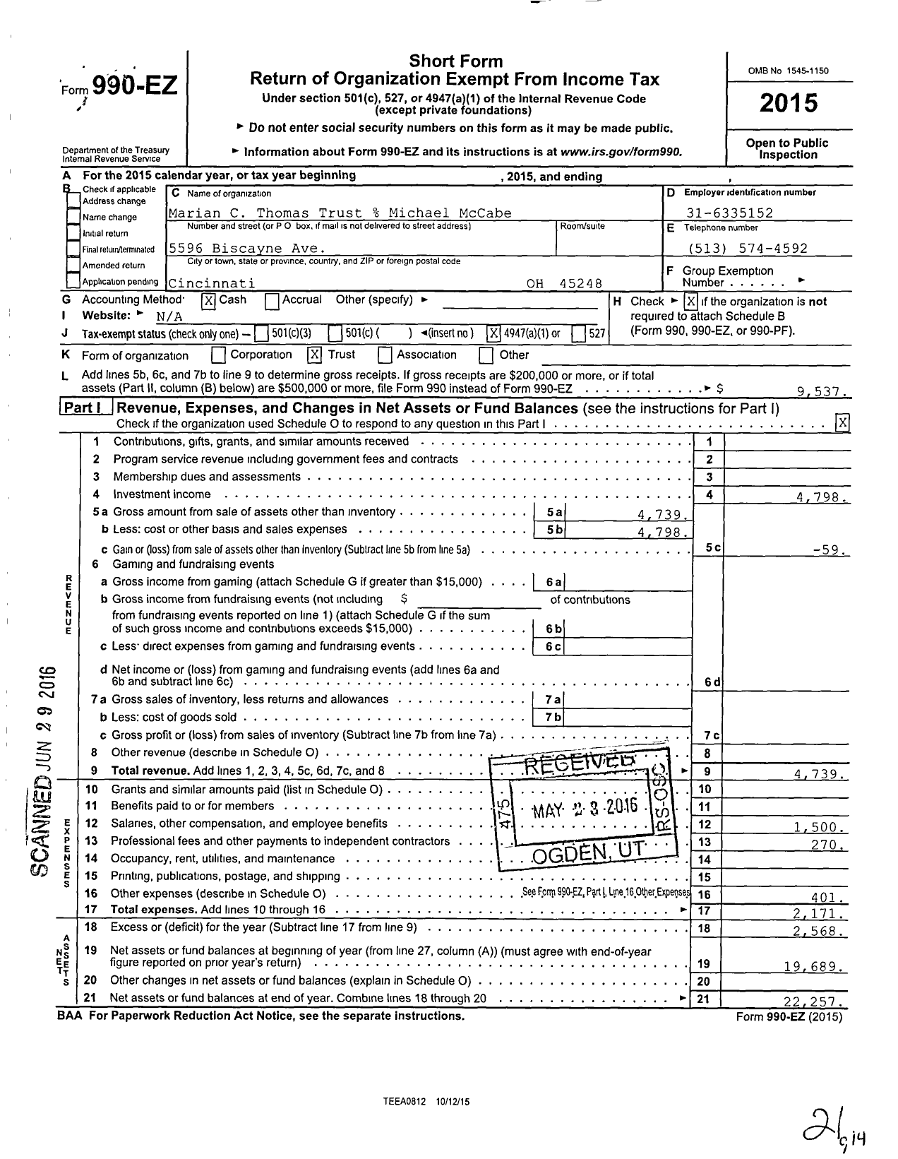 Image of first page of 2015 Form 990EO for Marian C Thomas Trust Michael McCabe