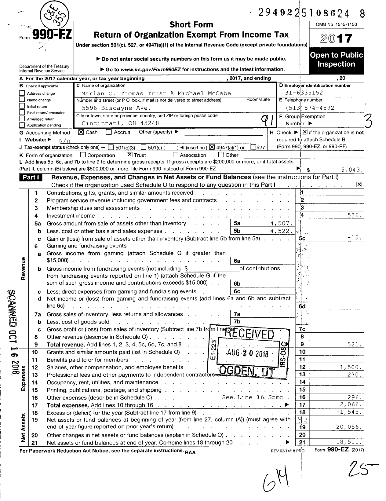 Image of first page of 2017 Form 990EO for Marian C Thomas Trust Michael McCabe