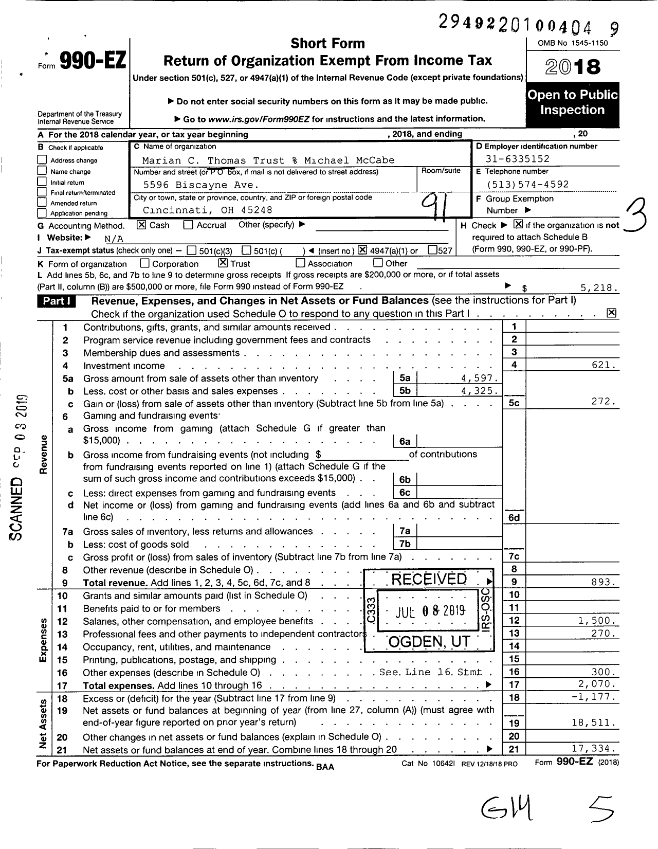 Image of first page of 2018 Form 990EO for Marian C Thomas Trust Michael McCabe