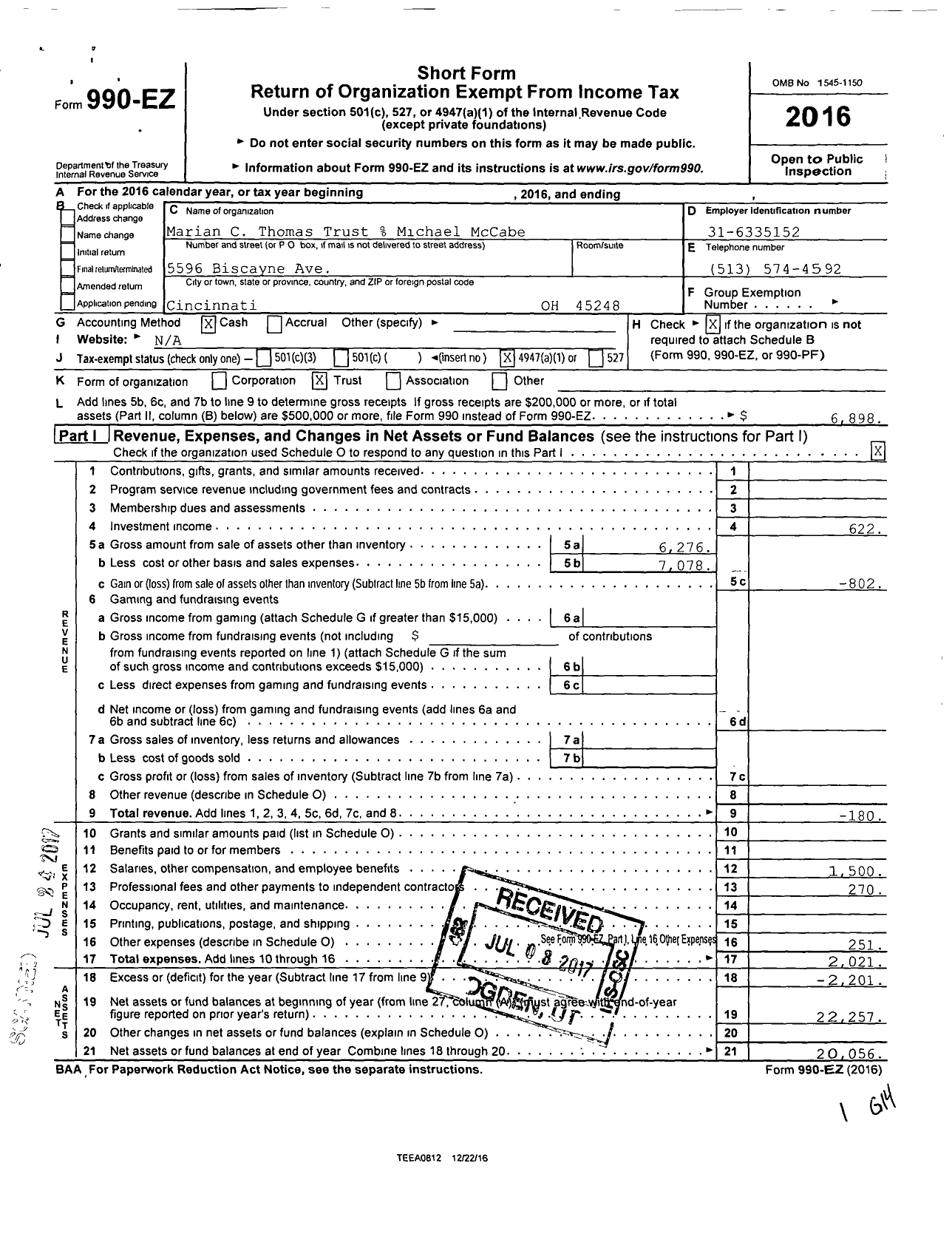 Image of first page of 2016 Form 990EO for Marian C Thomas Trust Michael McCabe