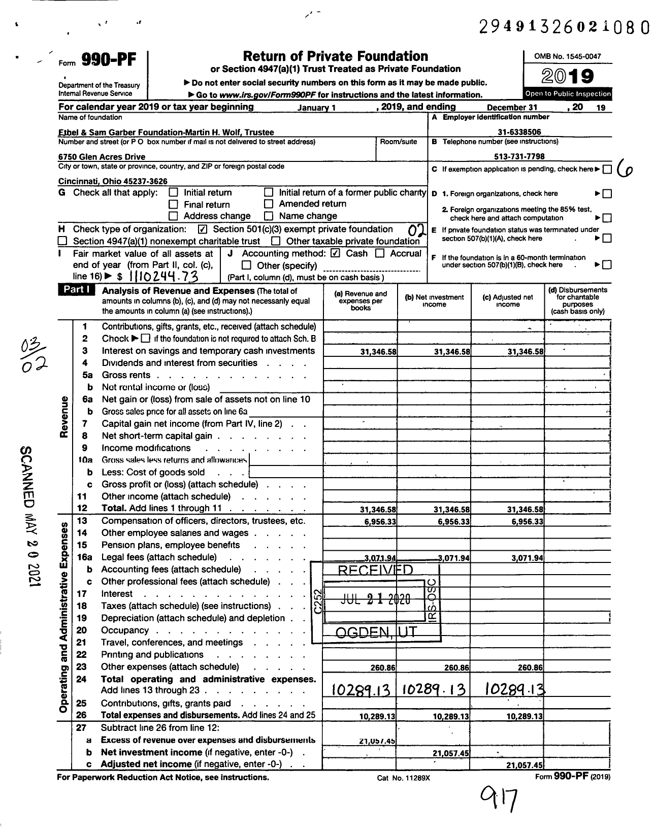 Image of first page of 2019 Form 990PF for Ethel and Sam Garber Foundation Martin Wolf Trustee