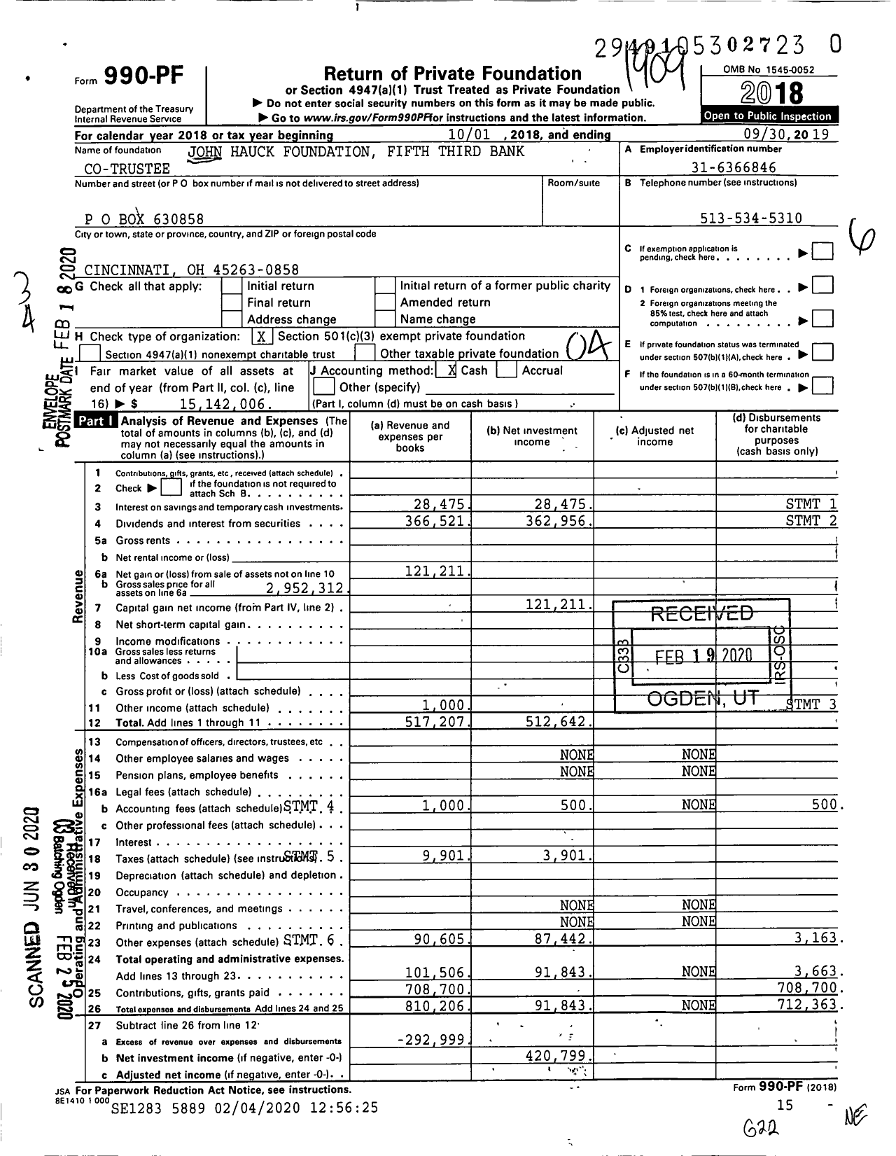 Image of first page of 2018 Form 990PR for John Hauck Foundation Fifth Third Bank Na