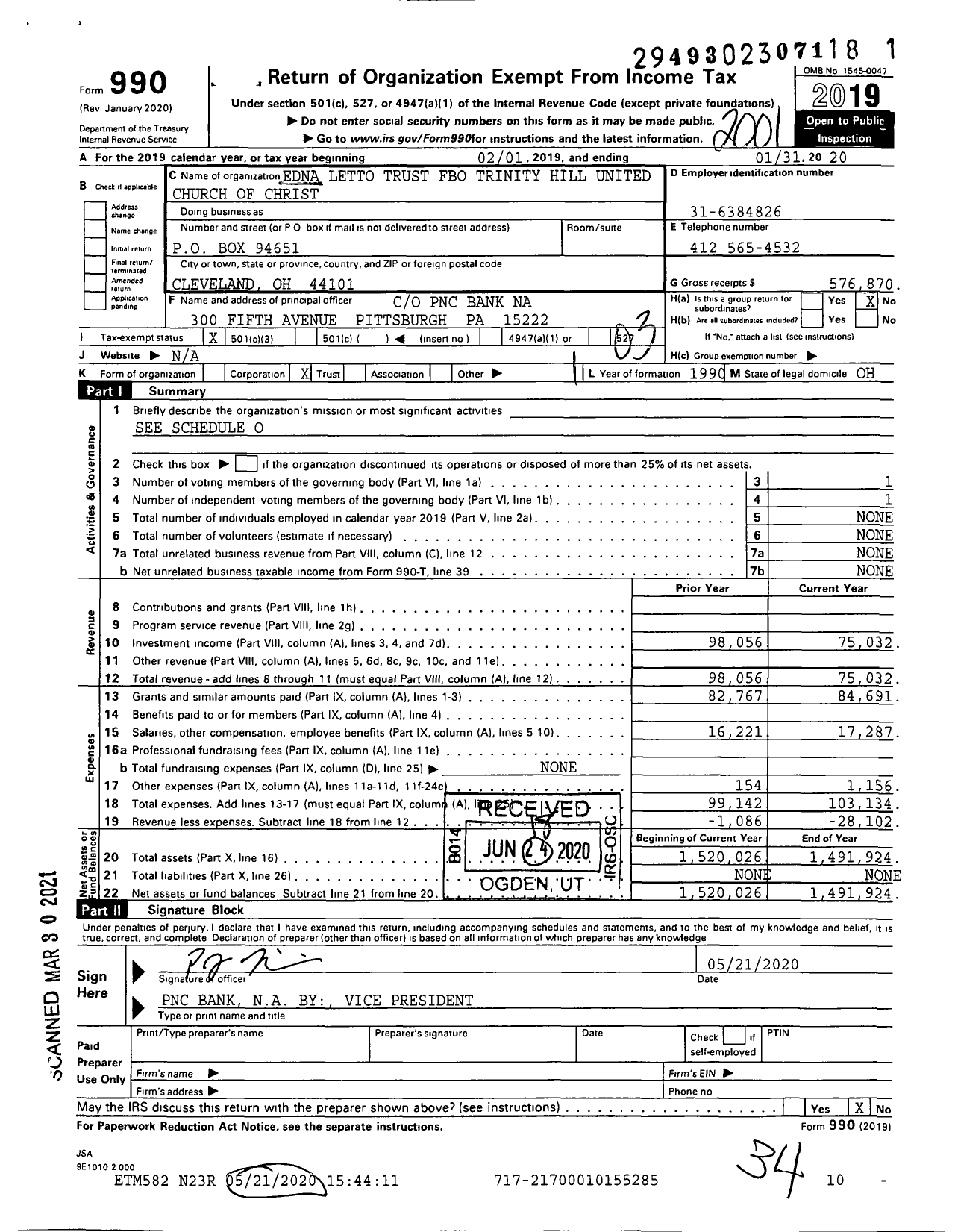 Image of first page of 2019 Form 990 for Edna Letto Trust Fbo Trinity Hill United