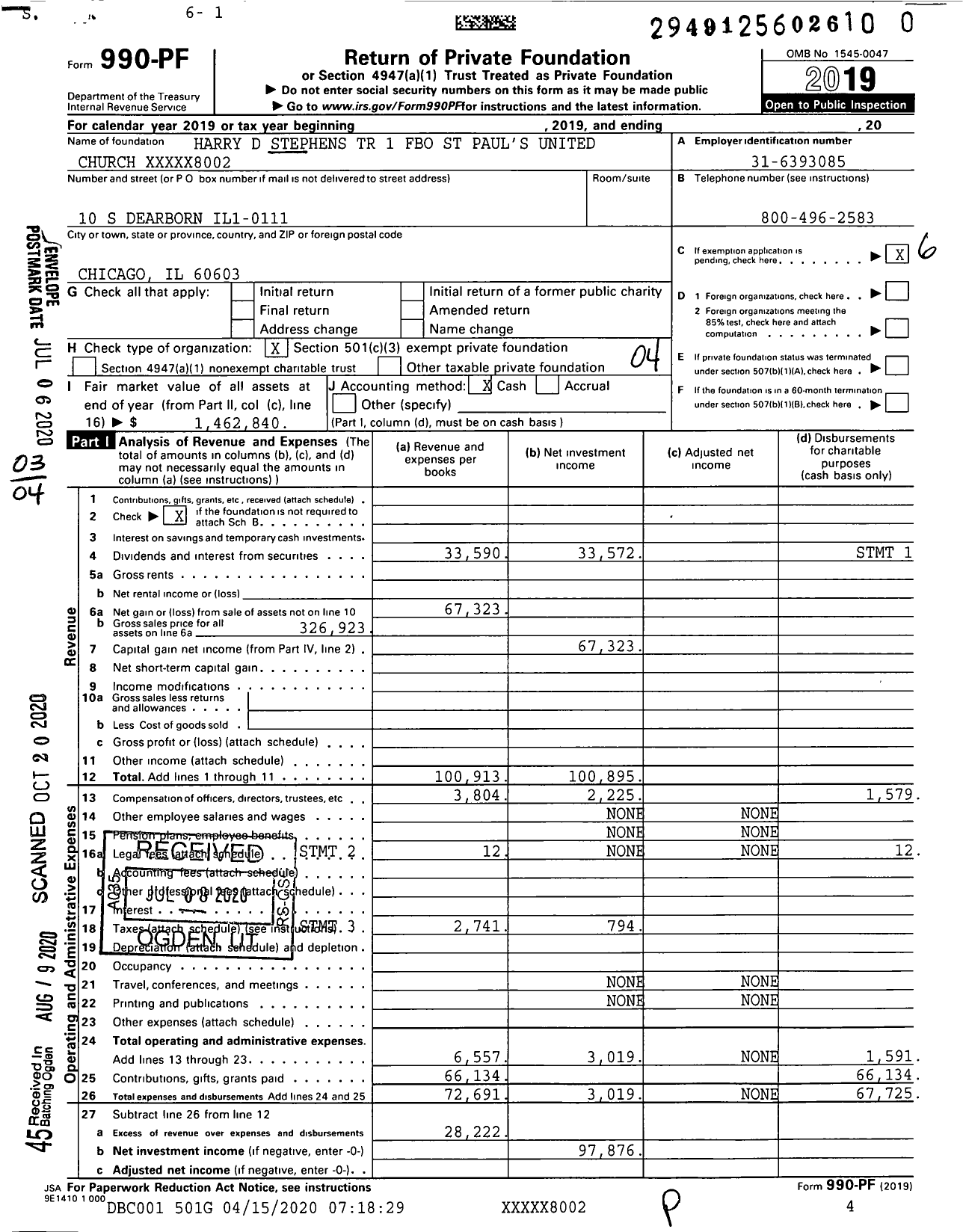 Image of first page of 2019 Form 990PR for Harry D Stephens TR 1 Fbo St Paul's United