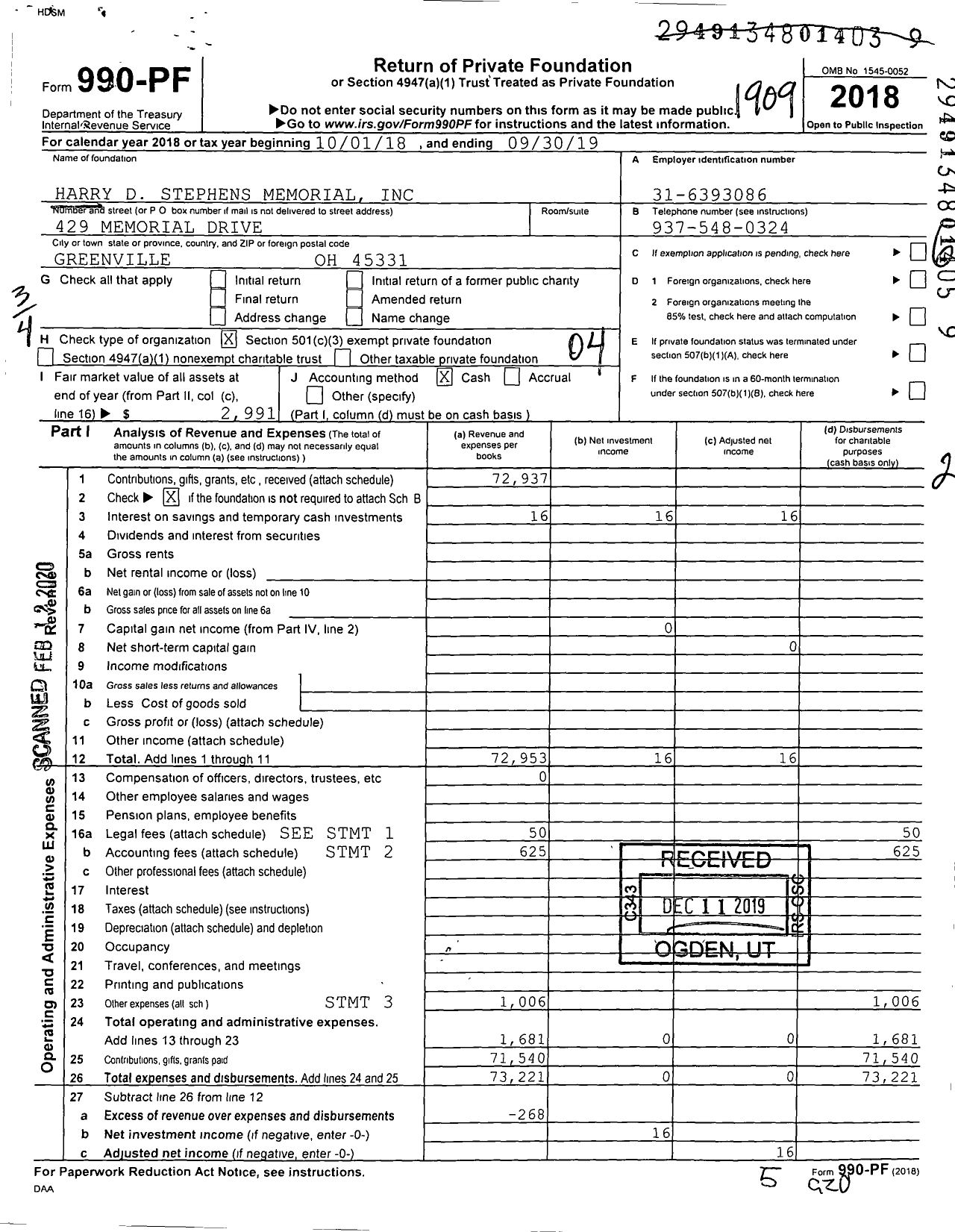 Image of first page of 2018 Form 990PF for Harry D Stephens Memorial