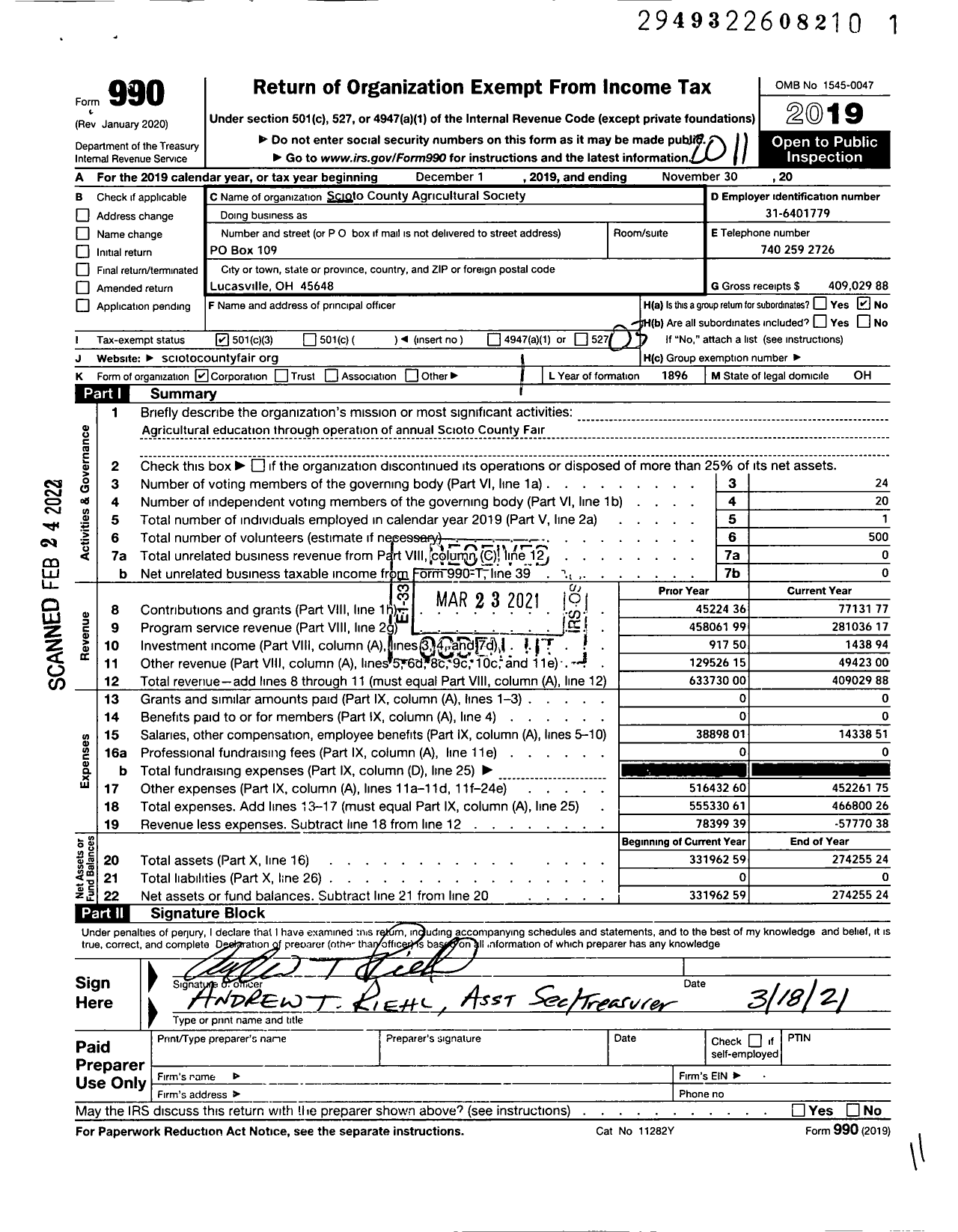 Image of first page of 2019 Form 990 for Scioto County Agricultural Society