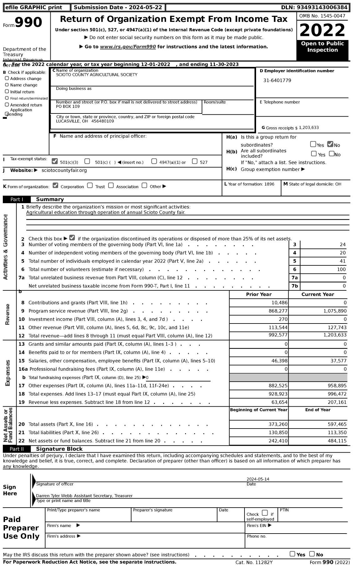 Image of first page of 2022 Form 990 for Scioto County Agricultural Society