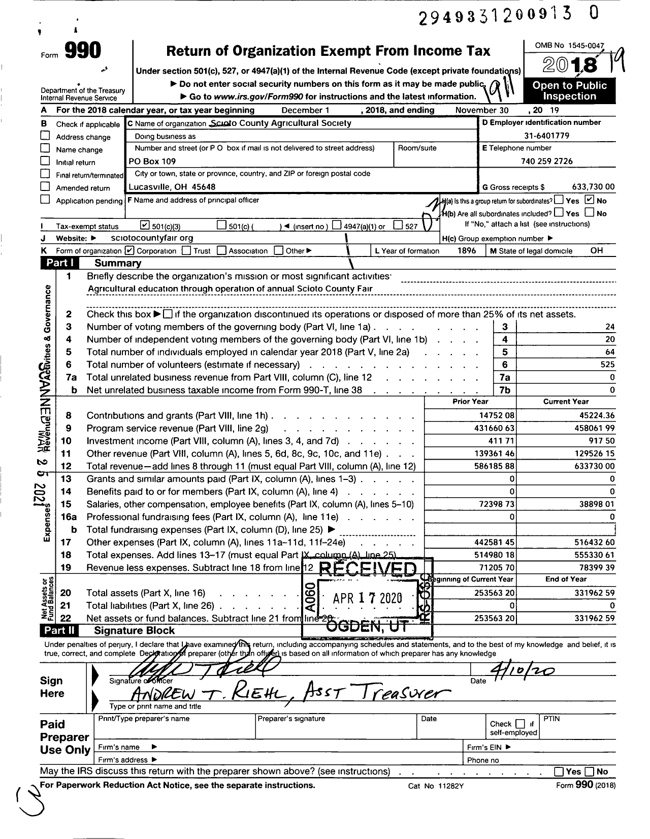 Image of first page of 2018 Form 990 for Scioto County Agricultural Society