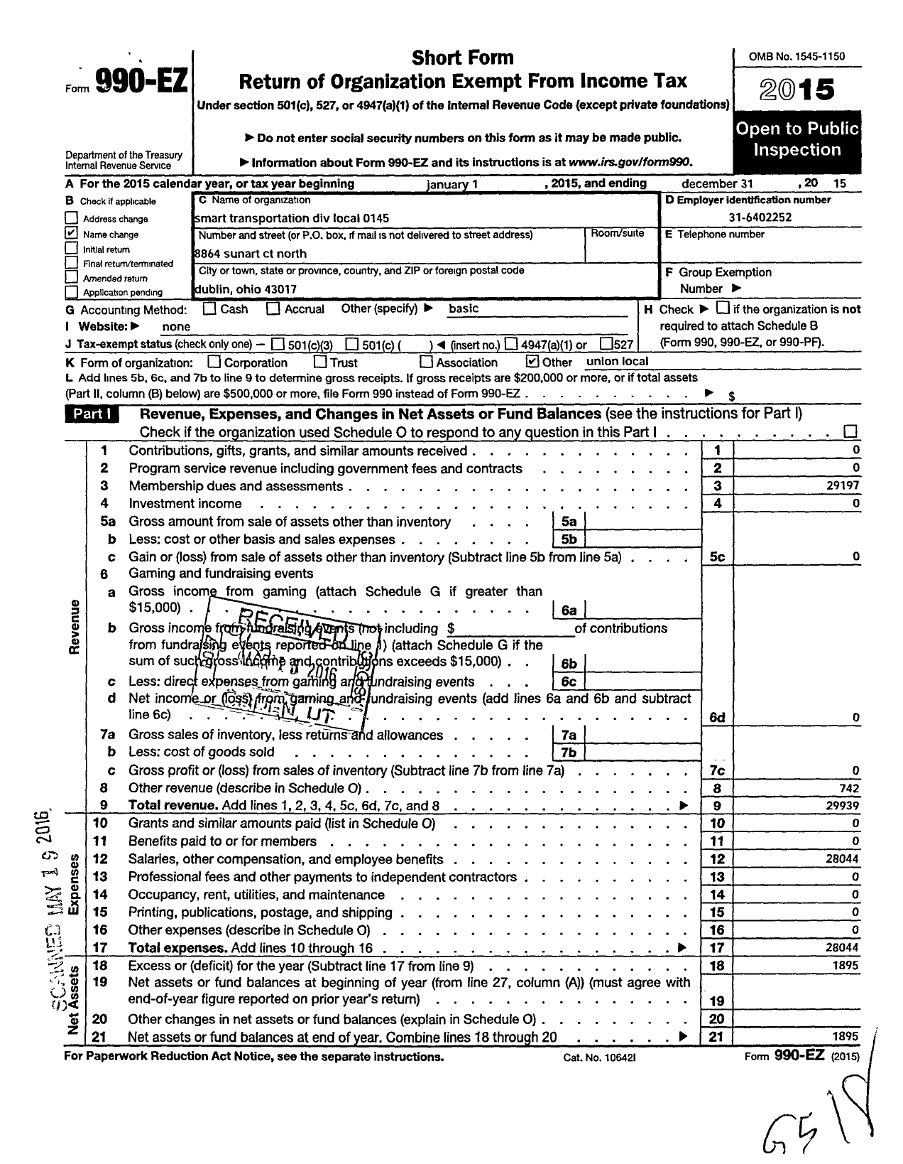 Image of first page of 2015 Form 990EO for Smart Union - 145 TD