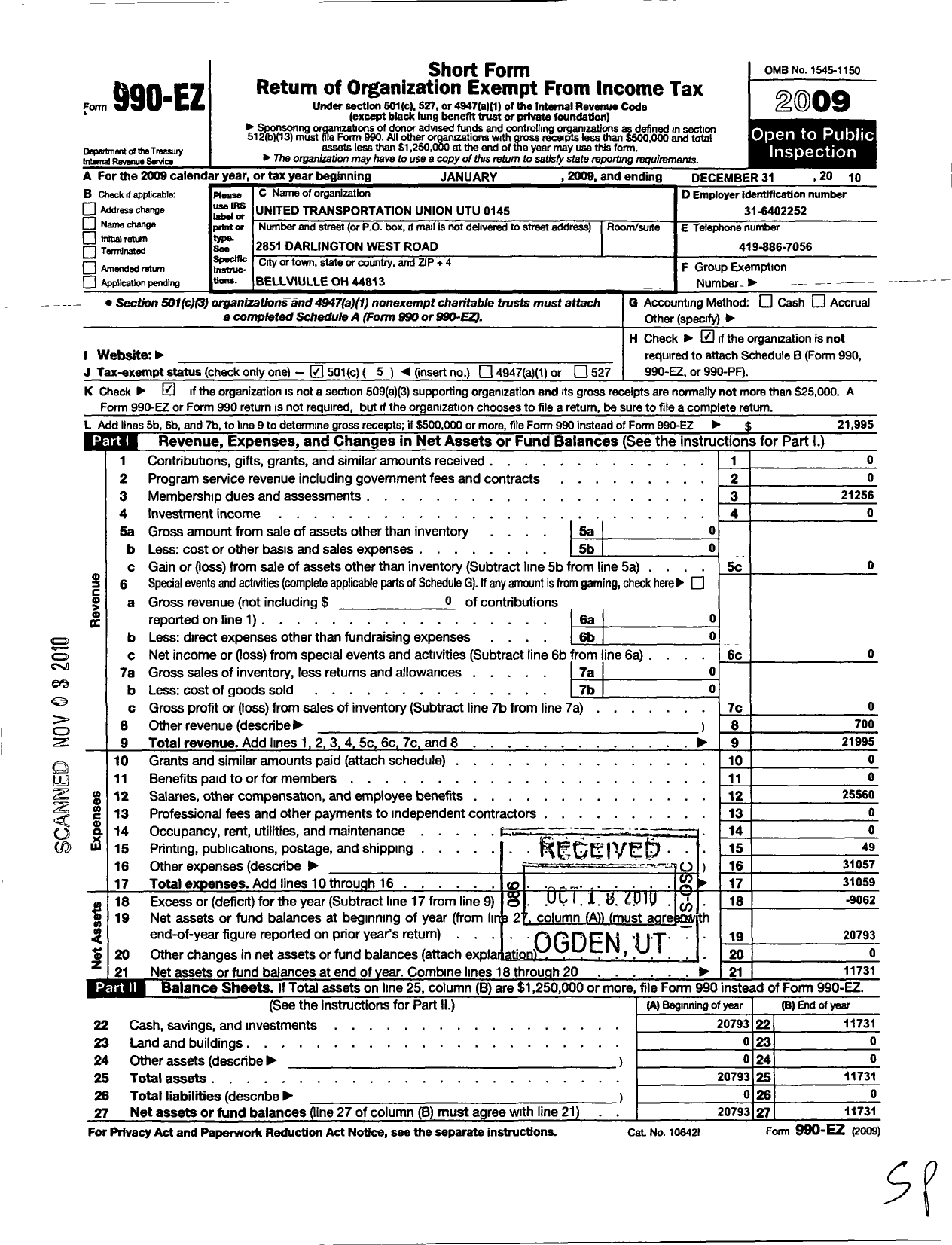 Image of first page of 2009 Form 990EO for Smart Union - 145 TD