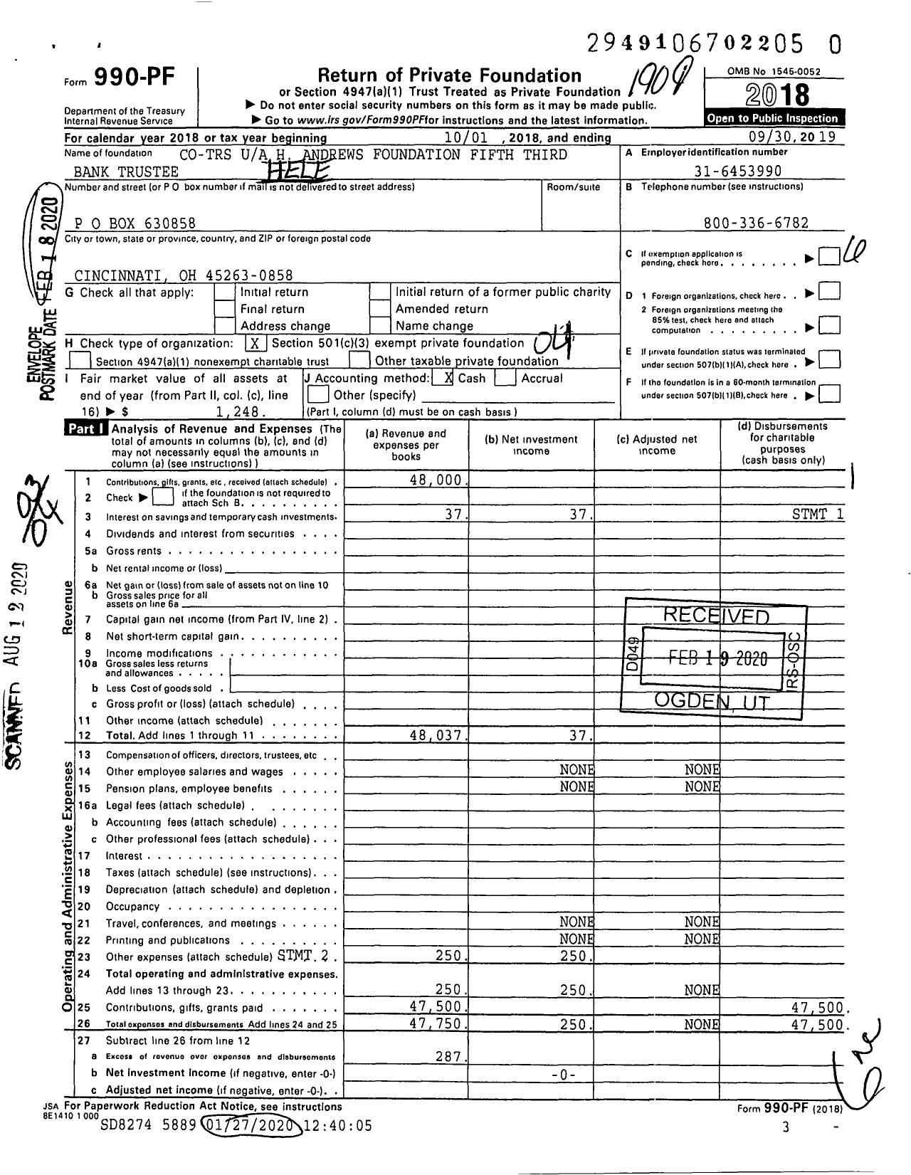 Image of first page of 2018 Form 990PR for Helen T Andrews Foundation Co-Trs Fifth