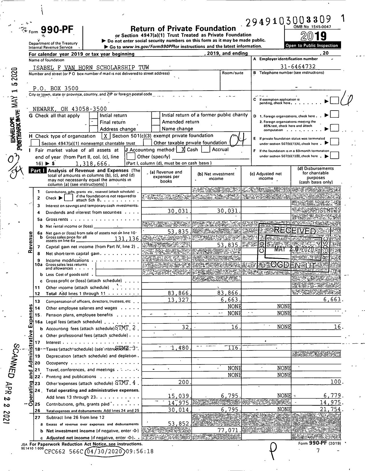 Image of first page of 2019 Form 990PF for Isabel F Van Horn Scholarship Tuw