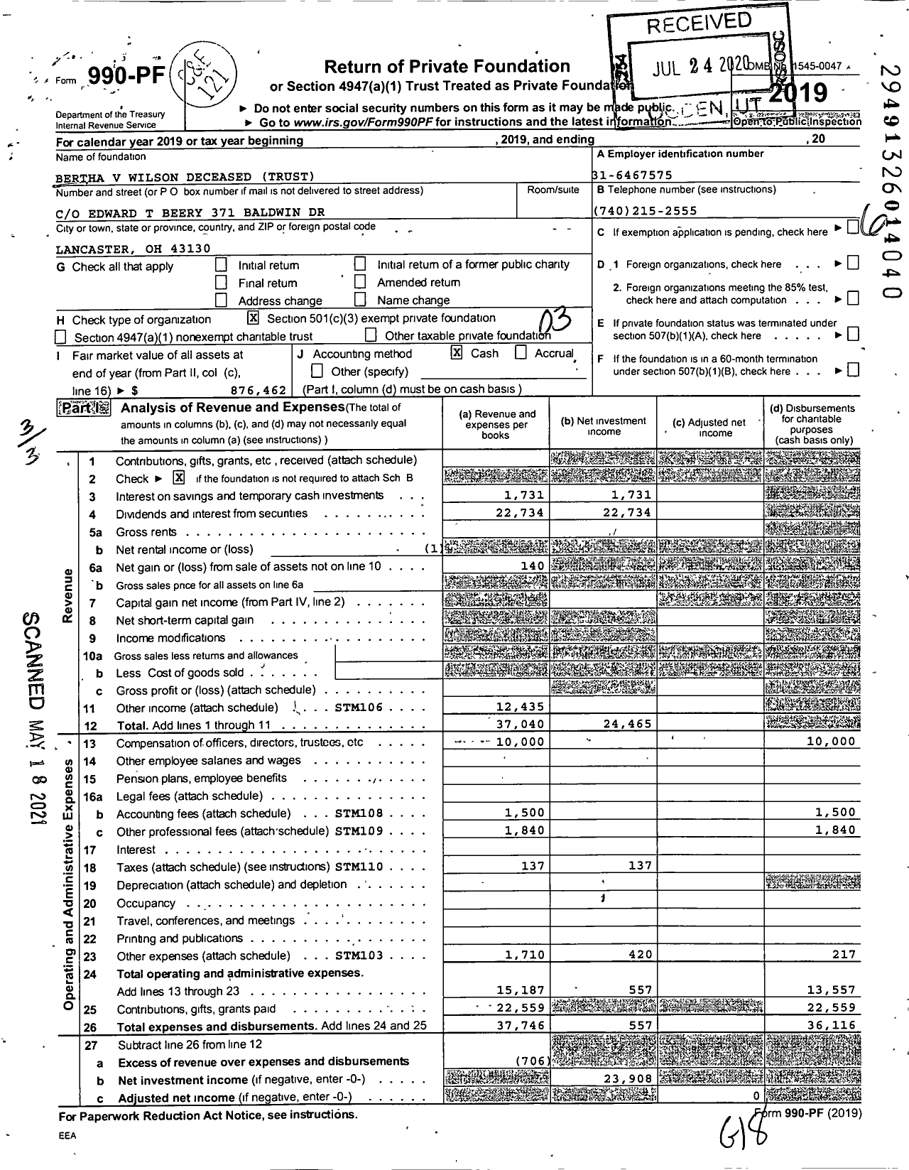 Image of first page of 2019 Form 990PF for Bertha V Wilson Trust