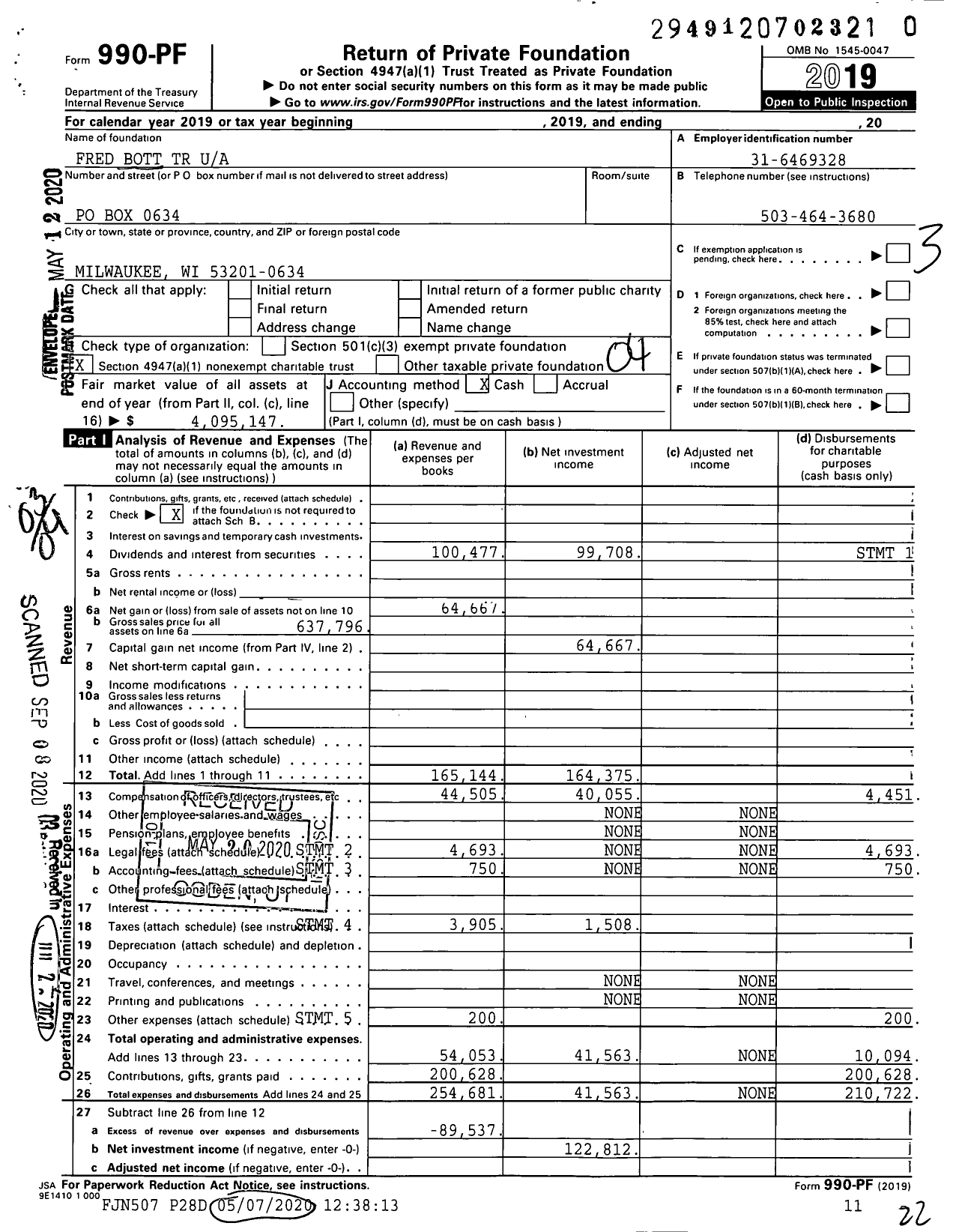 Image of first page of 2019 Form 990PR for Fred Bott Trust