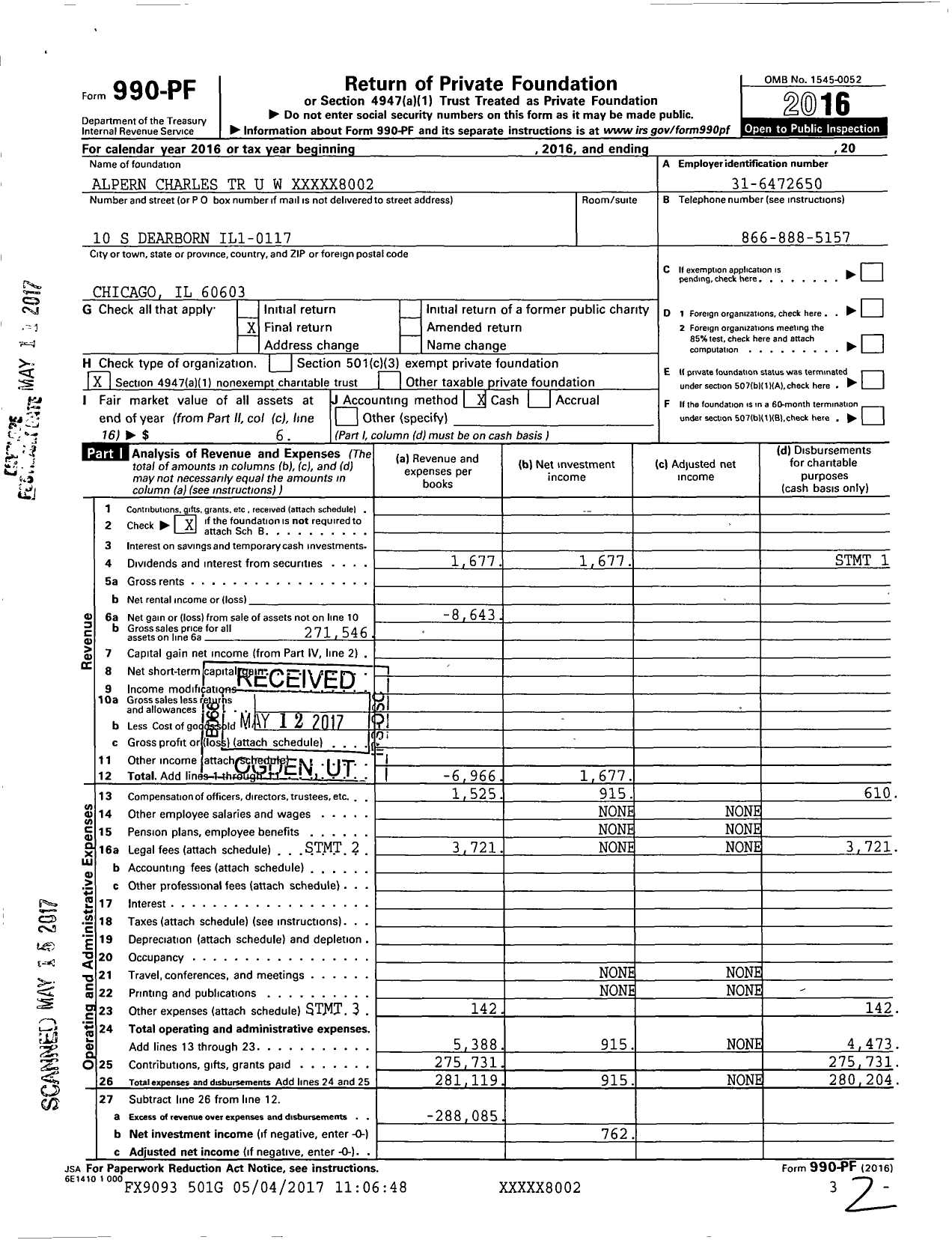 Image of first page of 2016 Form 990PF for Alpern Charles TR U W