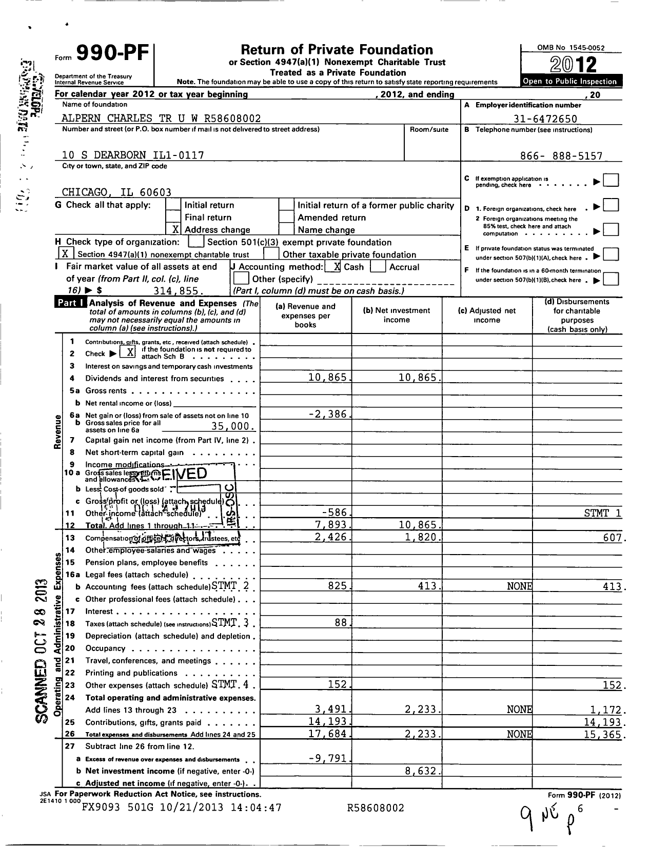 Image of first page of 2012 Form 990PF for Alpern Charles TR U W