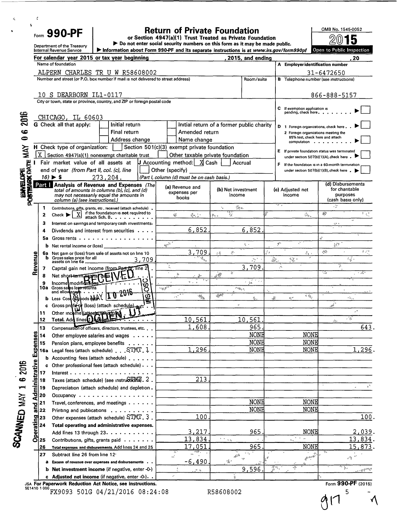 Image of first page of 2015 Form 990PF for Alpern Charles TR U W