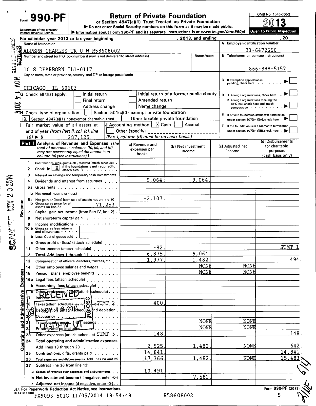 Image of first page of 2013 Form 990PF for Alpern Charles TR U W