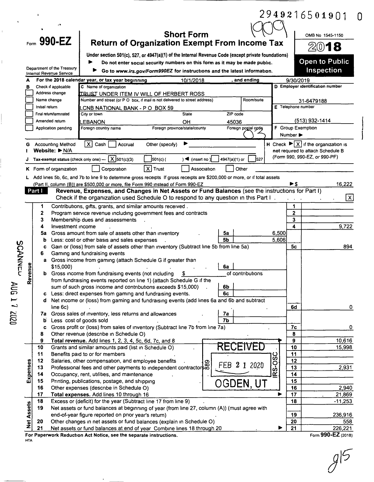 Image of first page of 2018 Form 990EZ for Herbert Ross Trust Uw