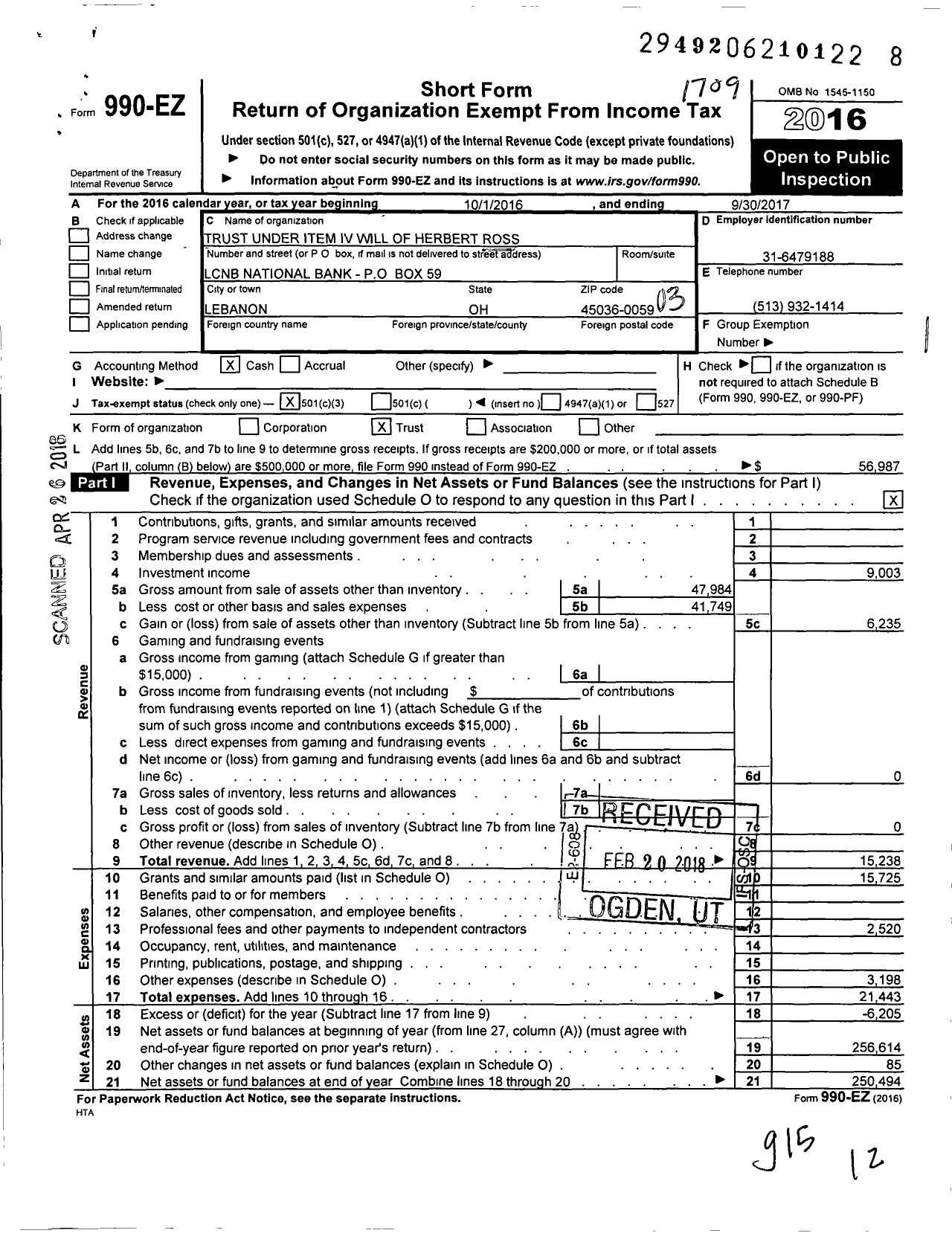 Image of first page of 2016 Form 990EZ for Herbert Ross Trust Uw