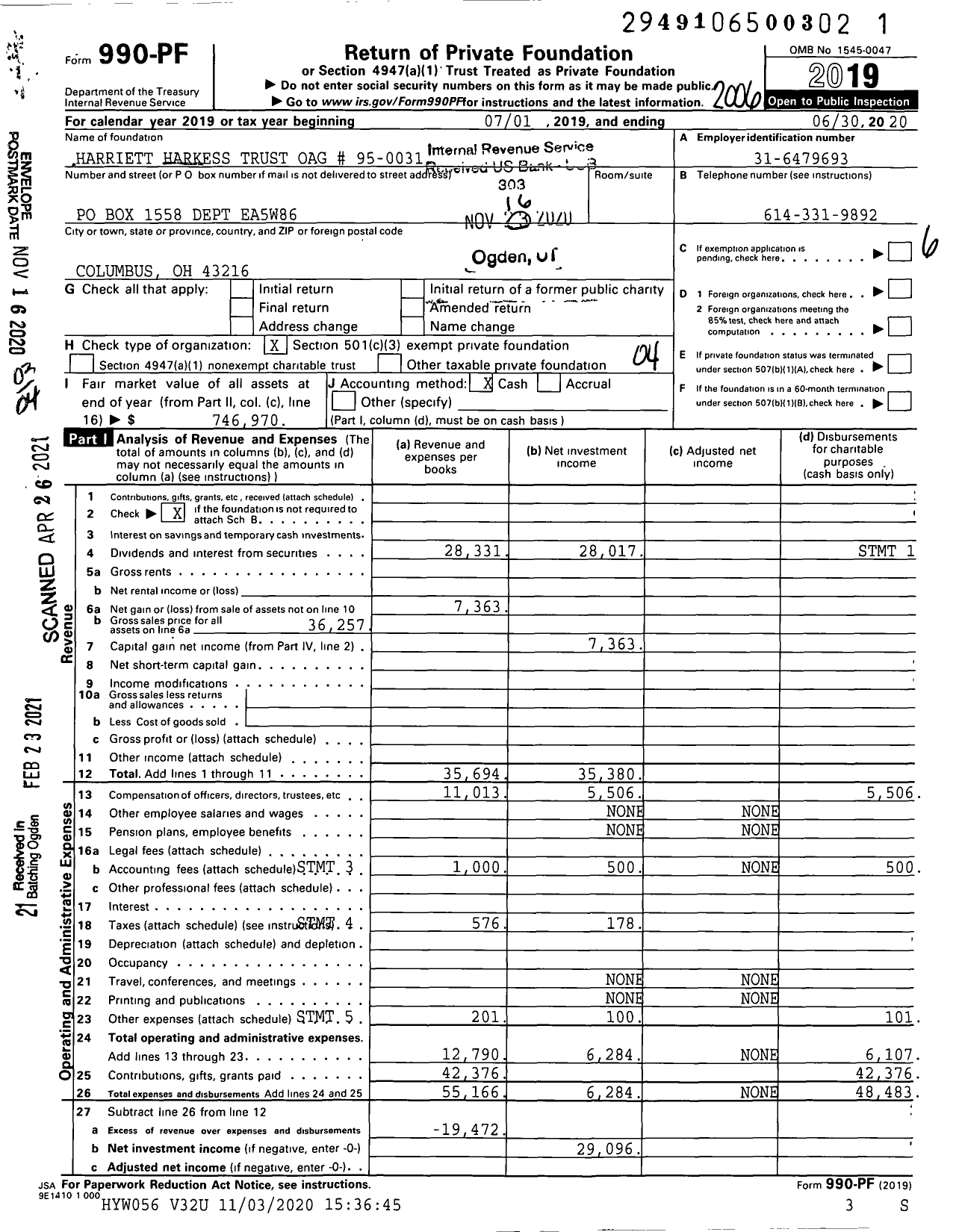 Image of first page of 2019 Form 990PF for Harriett Harkess Trust