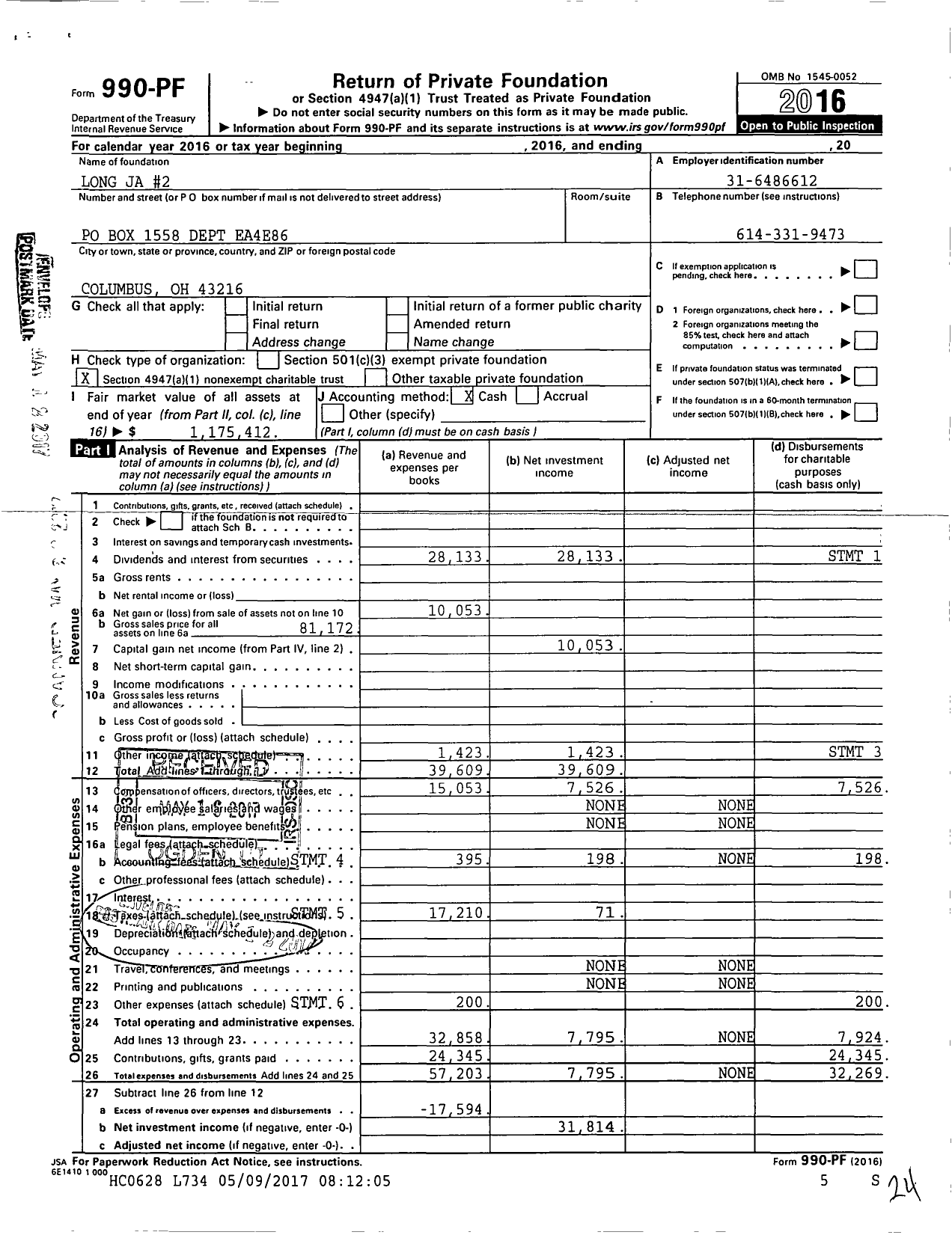 Image of first page of 2016 Form 990PF for Long Ja #2