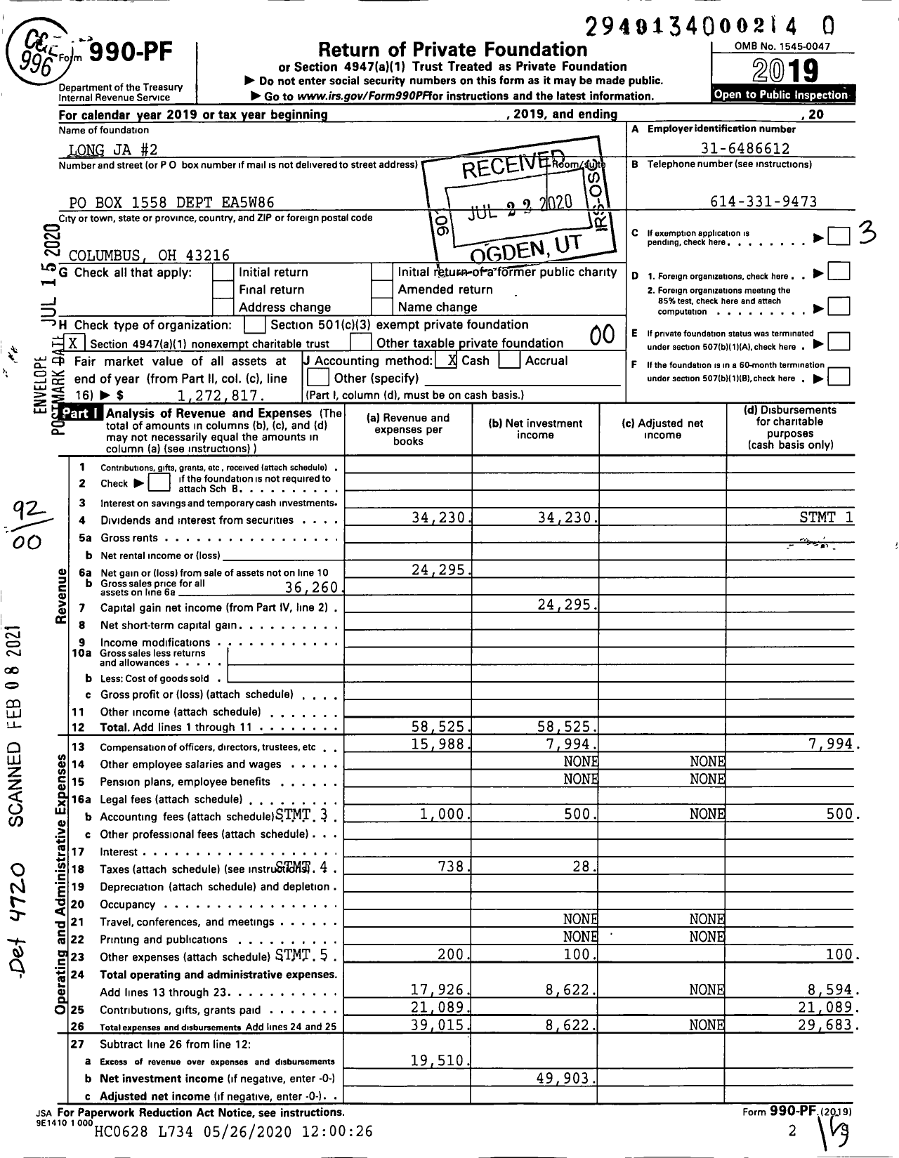 Image of first page of 2019 Form 990PF for Long Ja #2