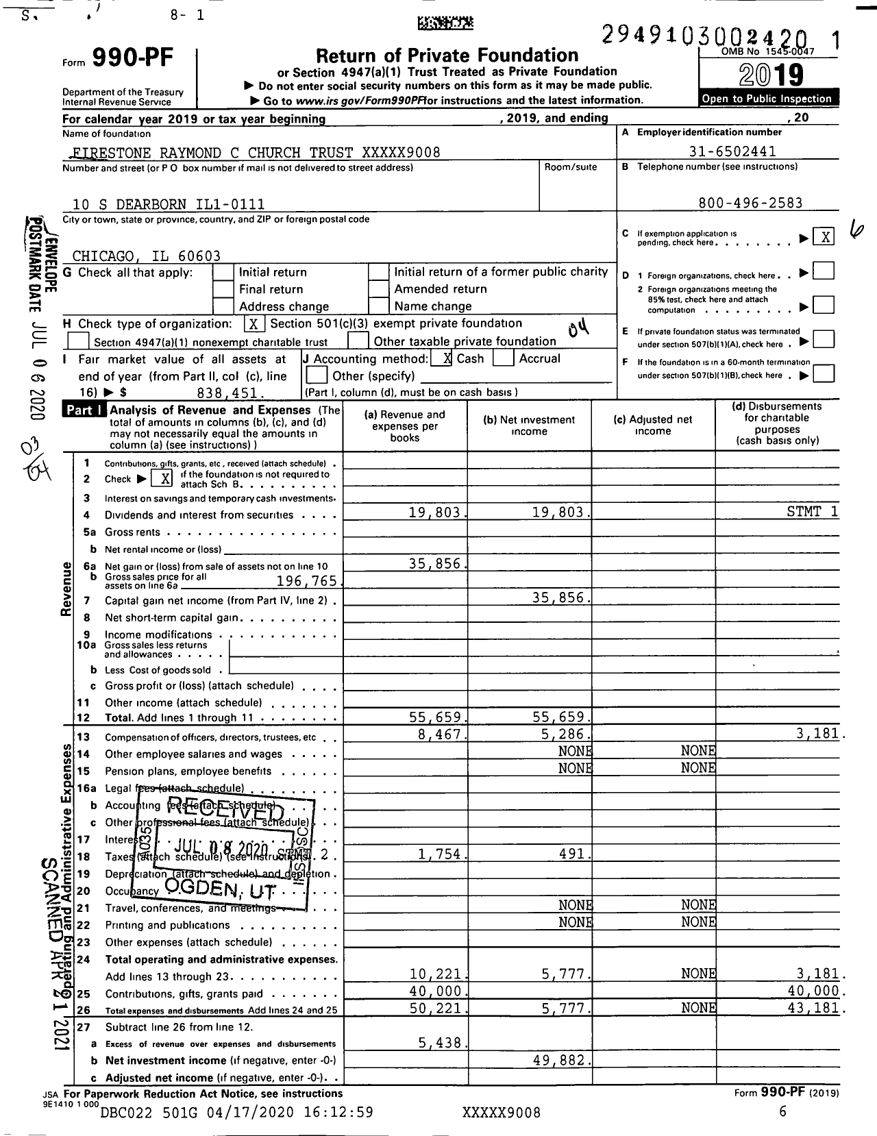 Image of first page of 2019 Form 990PF for Firestone Raymond C Church Trust XXXXX9008