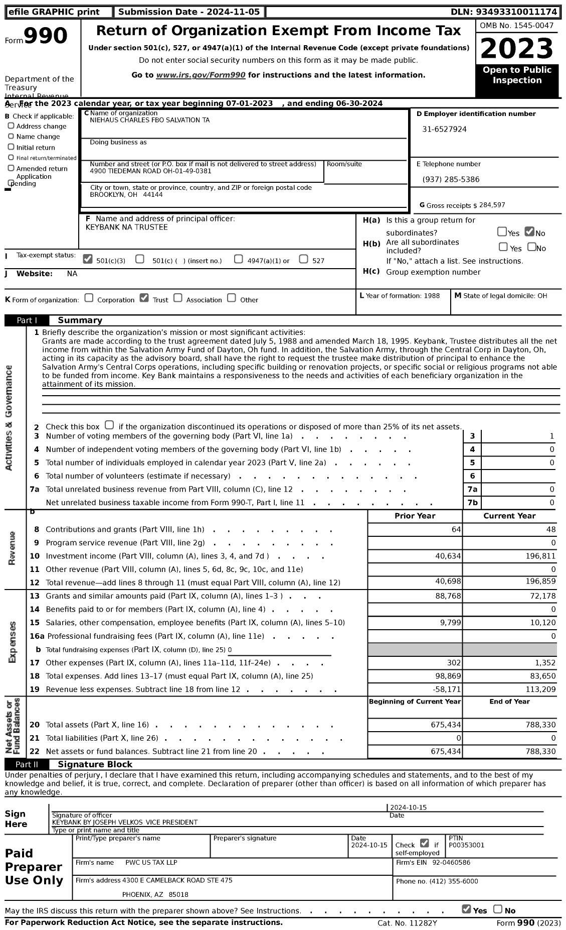 Image of first page of 2023 Form 990 for Niehaus Charles Fbo Salvation Ta