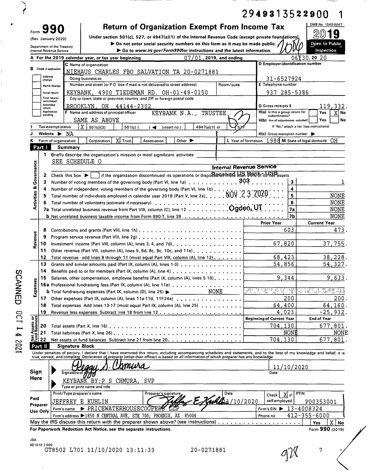 Image of first page of 2019 Form 990 for Niehaus Charles Fbo Salvation Ta