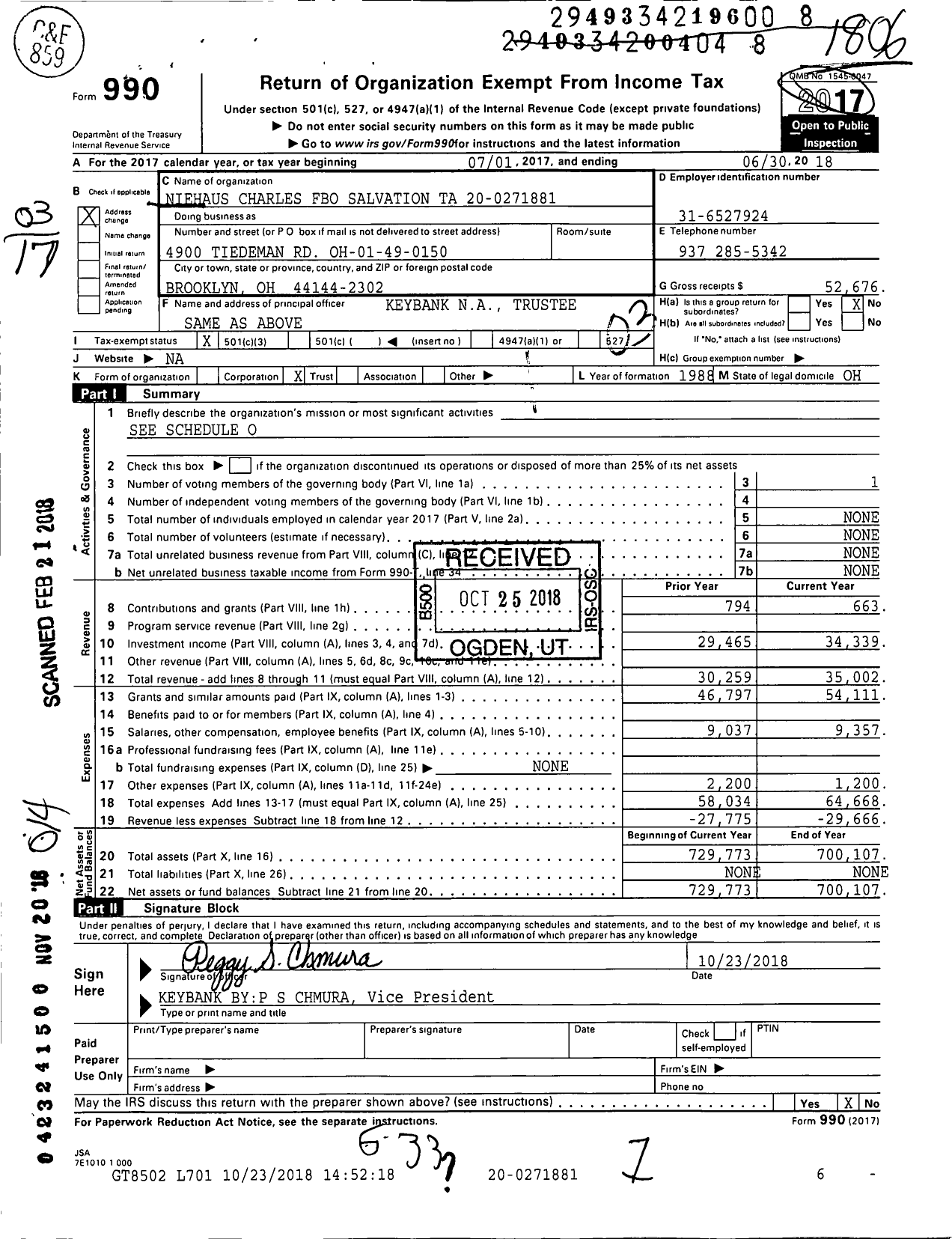 Image of first page of 2017 Form 990 for Niehaus Charles Fbo Salvation Ta