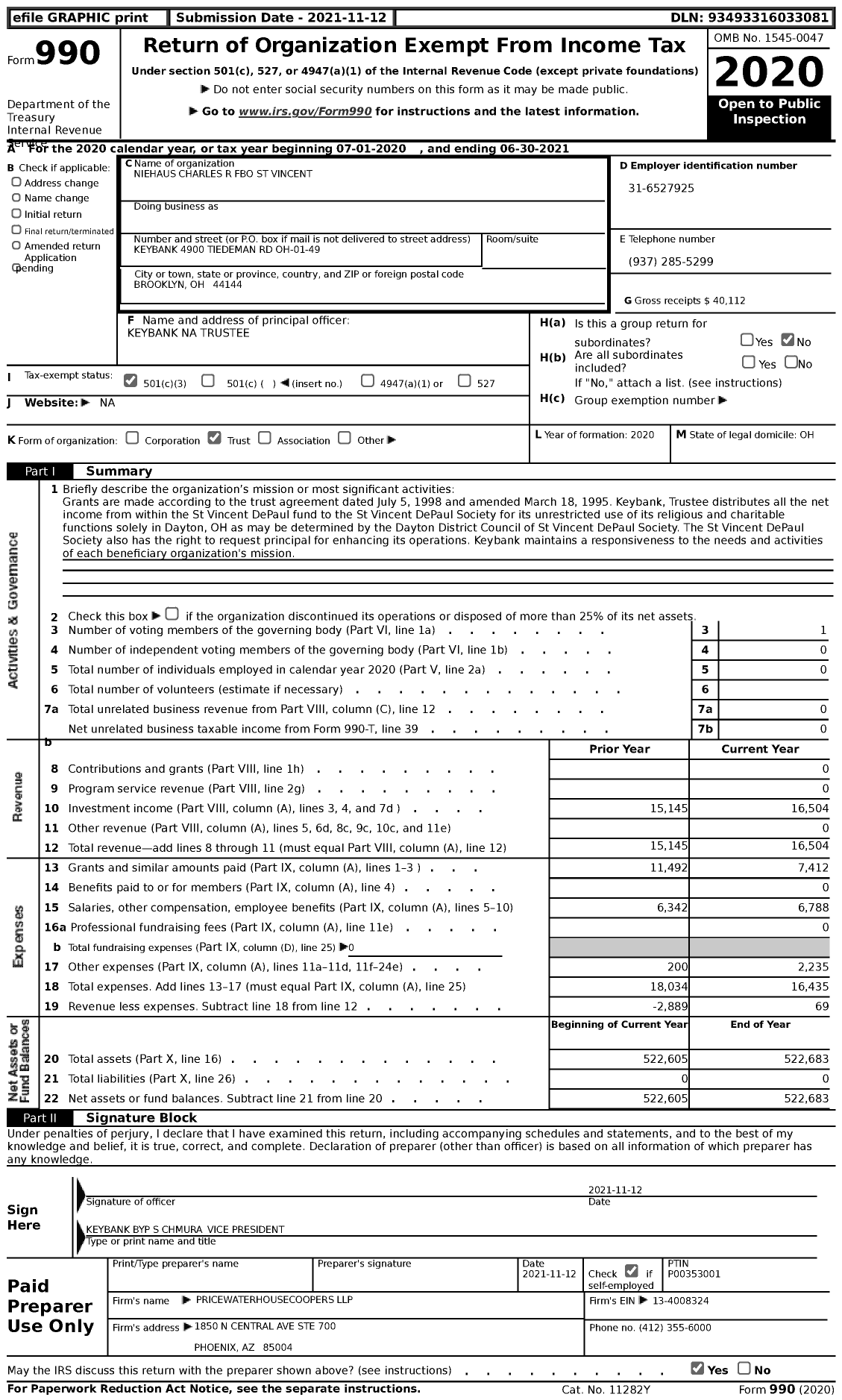 Image of first page of 2020 Form 990 for Niehaus Charles R Fbo St Vincent