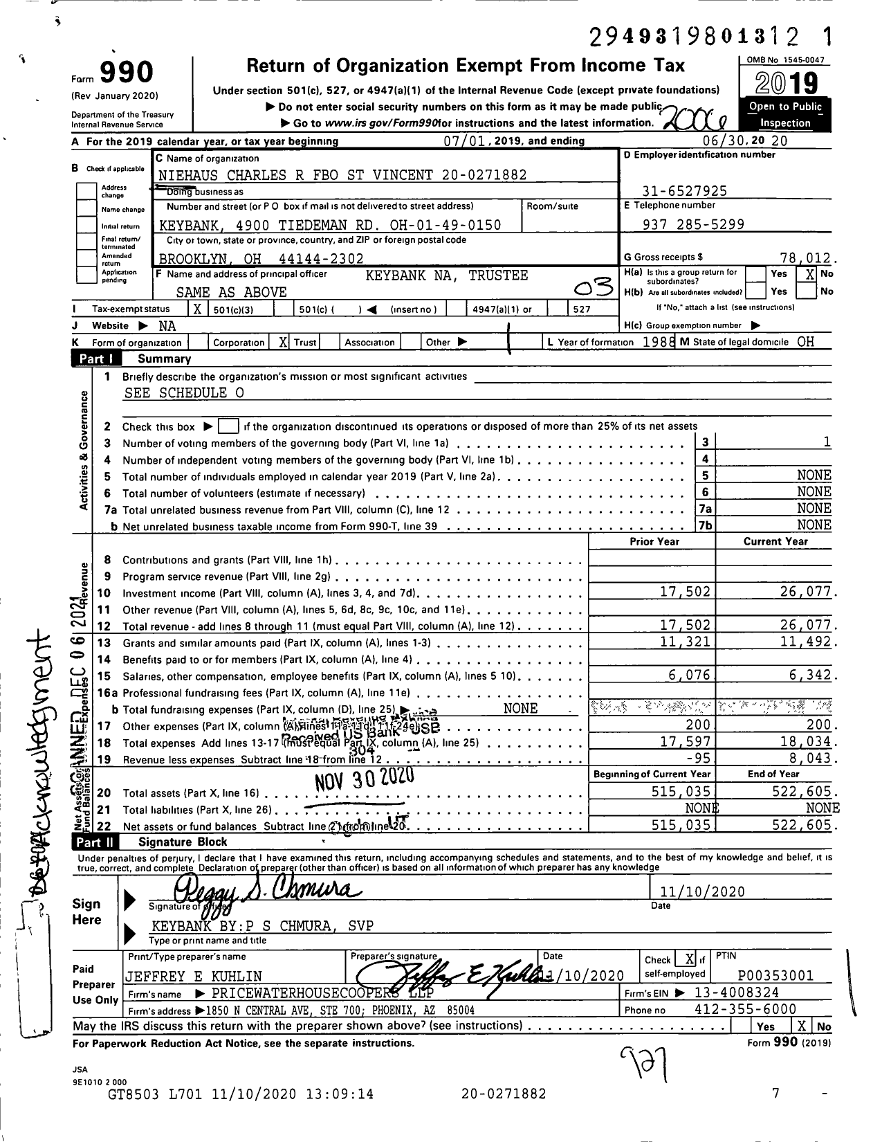 Image of first page of 2019 Form 990 for Niehaus Charles R Fbo St Vincent