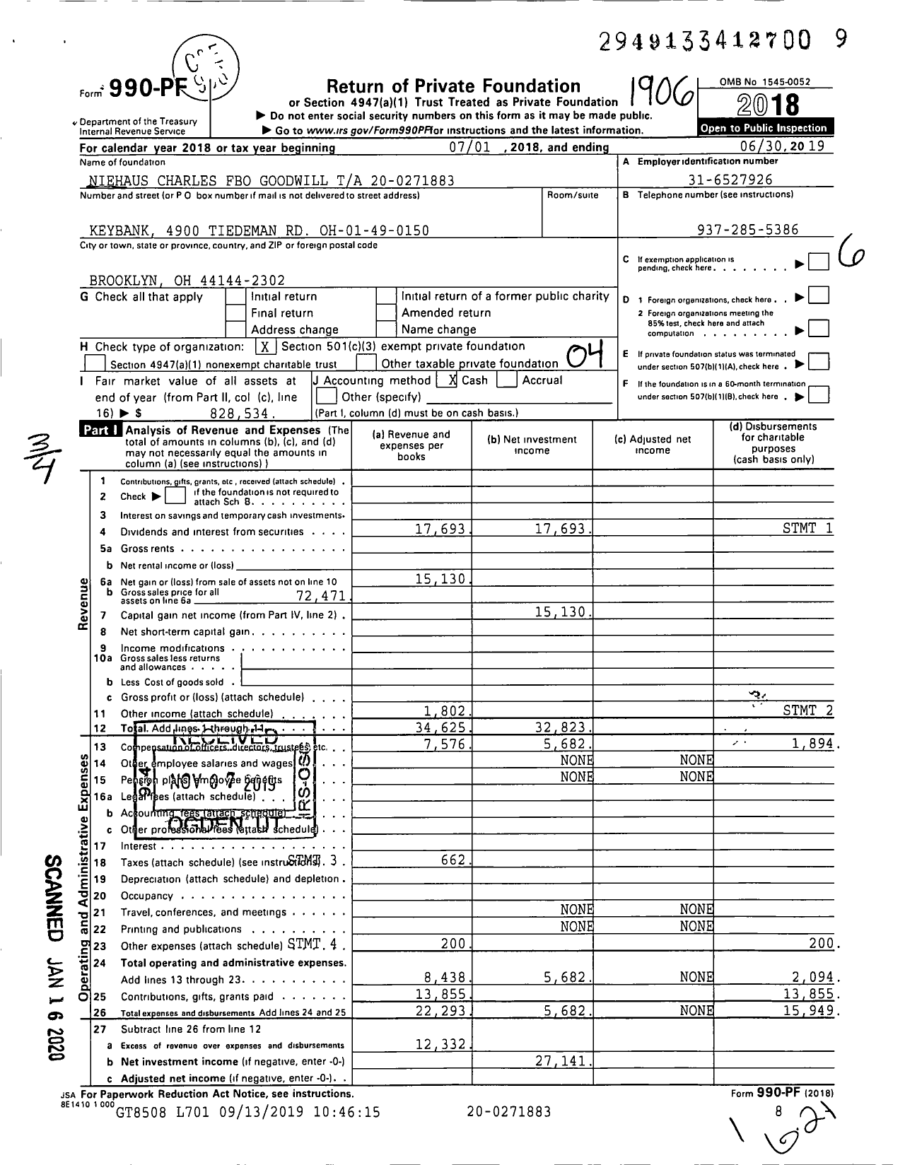 Image of first page of 2018 Form 990PF for Niehaus Charles Fbo Goodwill Ta