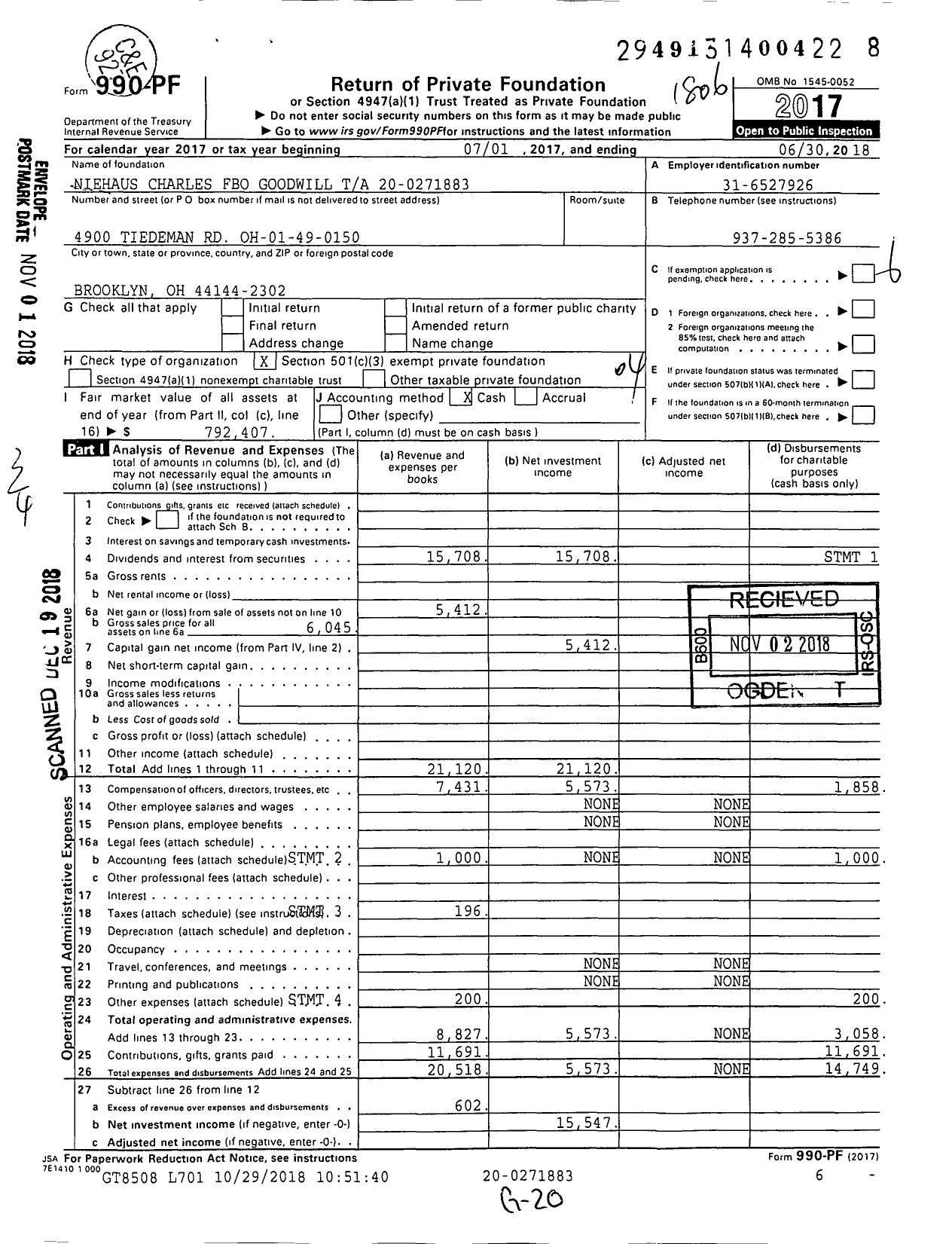 Image of first page of 2017 Form 990PF for Niehaus Charles Fbo Goodwill Ta