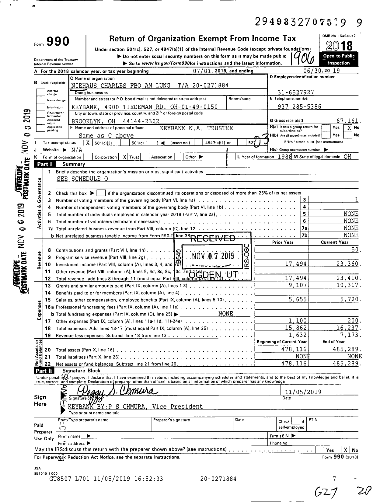 Image of first page of 2018 Form 990 for Niehaus Charles Fbo Am Lung Ta