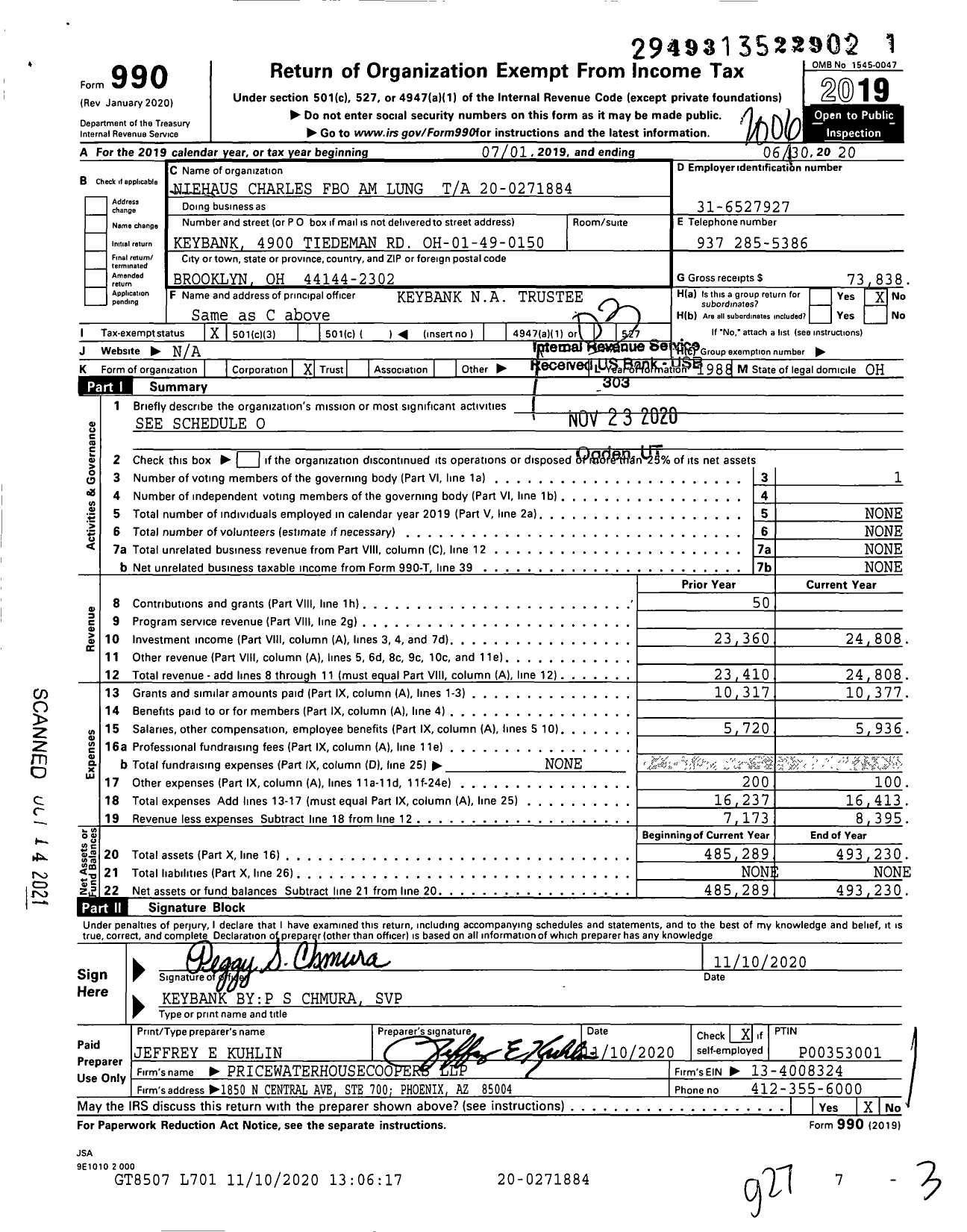 Image of first page of 2019 Form 990 for Niehaus Charles Fbo Am Lung Ta