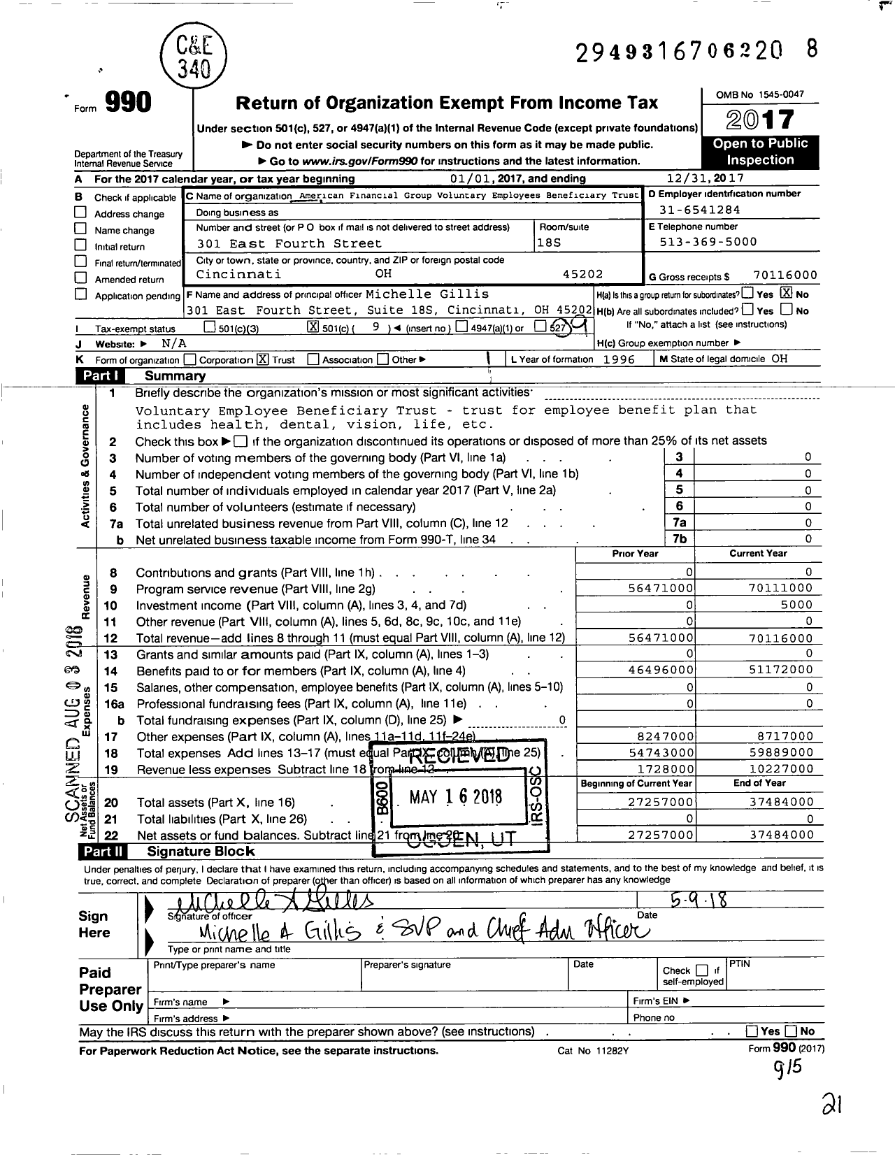 Image of first page of 2017 Form 990O for American Financial Group Voluntary Employees Beneficiary Trust