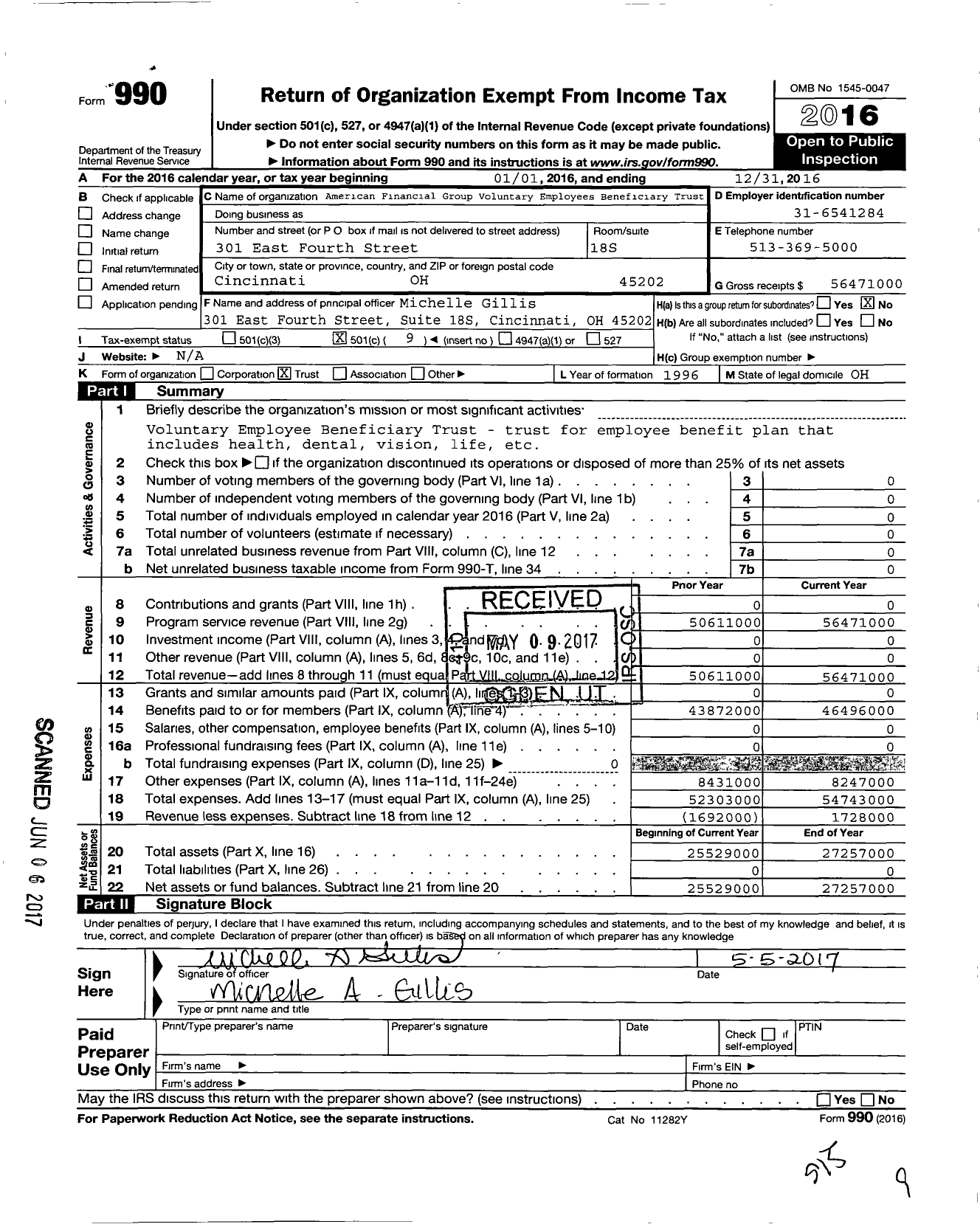 Image of first page of 2016 Form 990O for American Financial Group Voluntary Employees Beneficiary Trust
