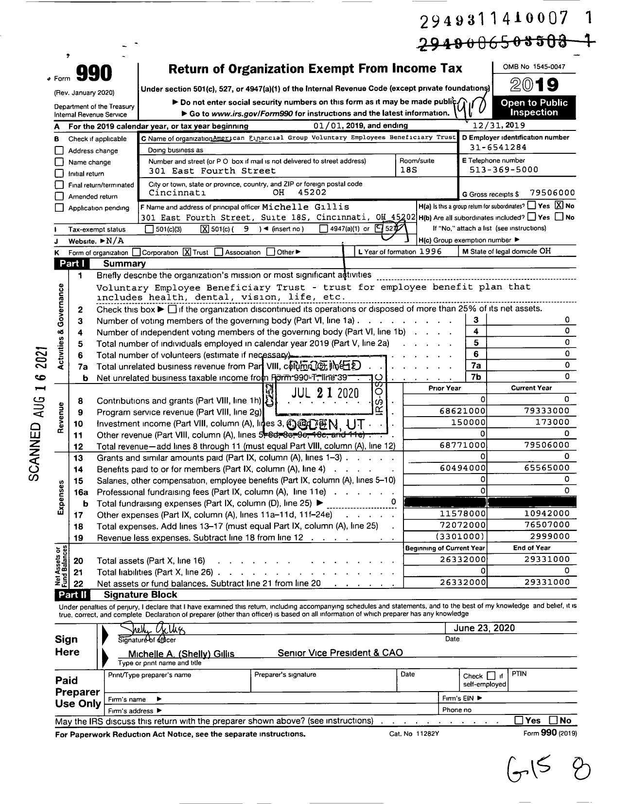 Image of first page of 2019 Form 990O for American Financial Group Voluntary Employees Beneficiary Trust